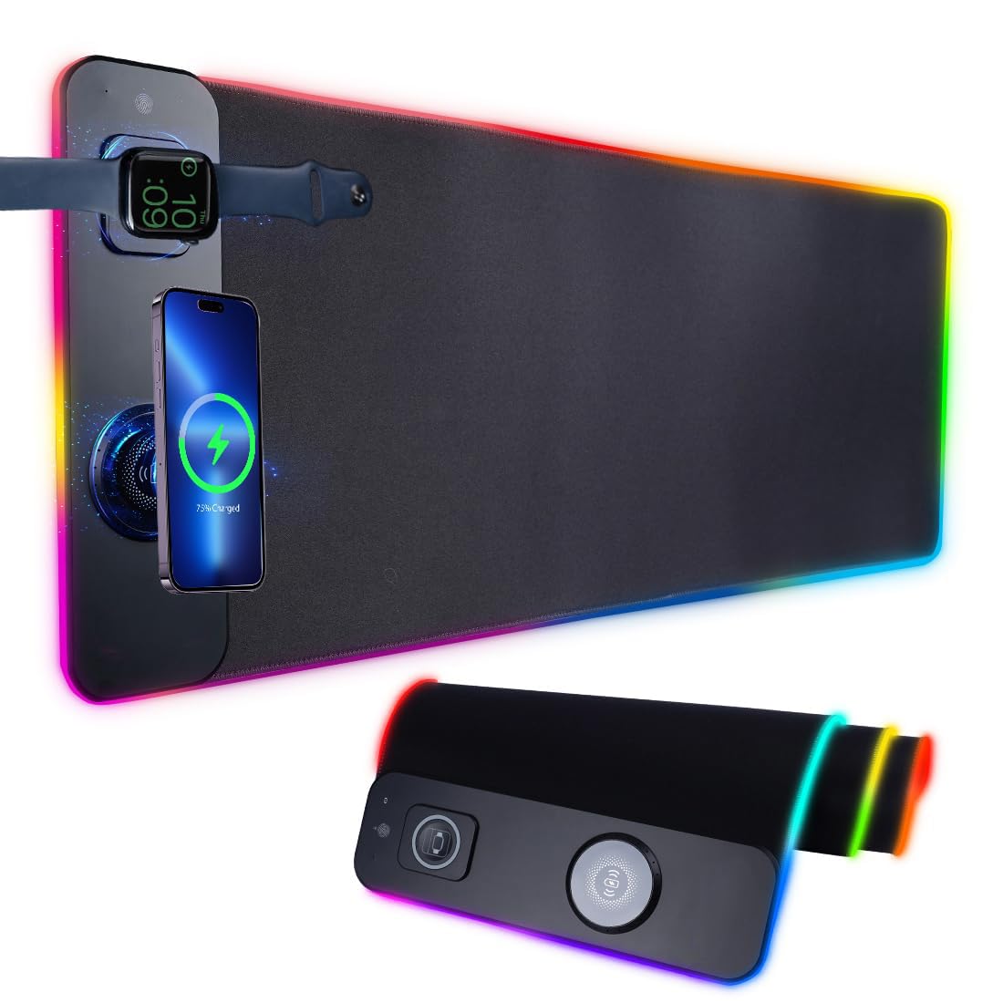 Wireless Charging RGB Gaming Mouse Pad, LED Mouse Mat 800x300x4MM, 15 Light Modes, Sound Pickup Mode, Power Failure Memory Function, Extra Large Mousepad, Non-Slip Rubber Base Computer Keyboard Mat