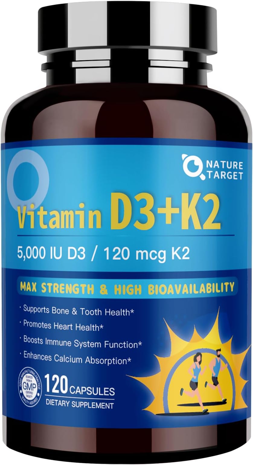 NATURE TARGET Vitamin D3 K2 with Calcium & Magnesium - 6-in-1 Complex - Max Strength for Bone, Heart & Immune - 5000 IU Vitamin D3, 120 mcg K2, Gluten-Free, 120 Servings