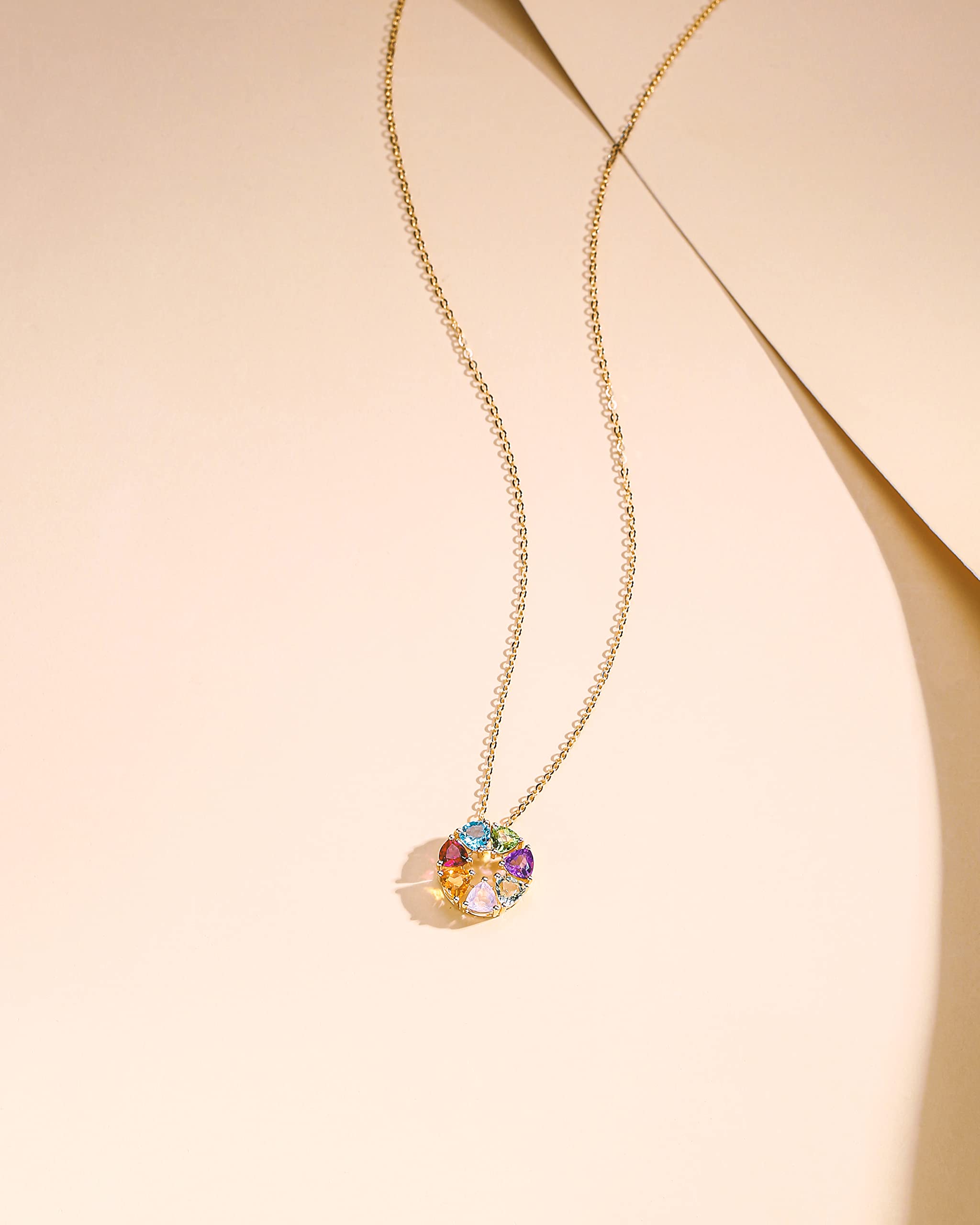 Carleen 14 Karat 585 Gold Damen Kette mit Bunt Natürlicher Edelstein Anhänger für Damen Mädchen - Anhänger Durchmesser: 12.5 mm