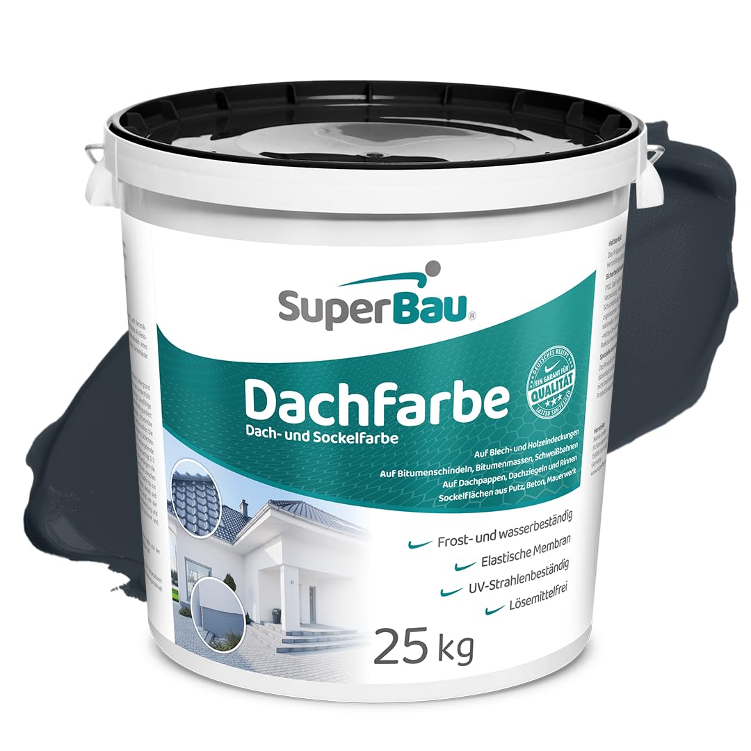 SuperBau Dachfarbe Anthrazit 25 kg (≈62,5m²) Wasserdicht Sockelfarbe Fassadenfarbe für Außen Dachbeschichtung für Blechdach Bitumen Dachpappe Schindeln Putz