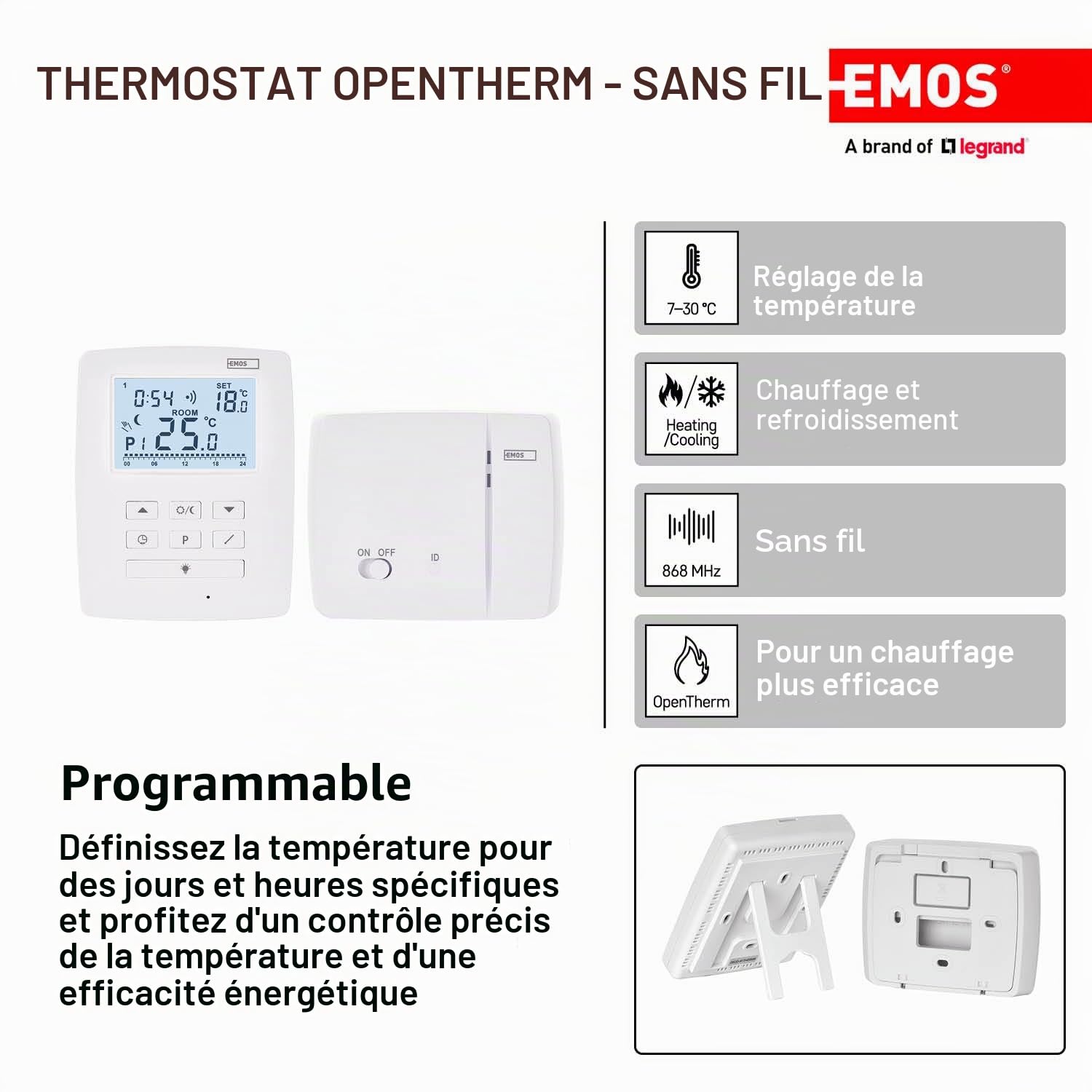 EMOS - Thermostat d'ambiance numérique avec OpenTherm - Programmable sans Fil - Systèmes de Chauffage et de Refroidissement - Réglage de la température 7-30 °C - Portée 100 m - Support Mural