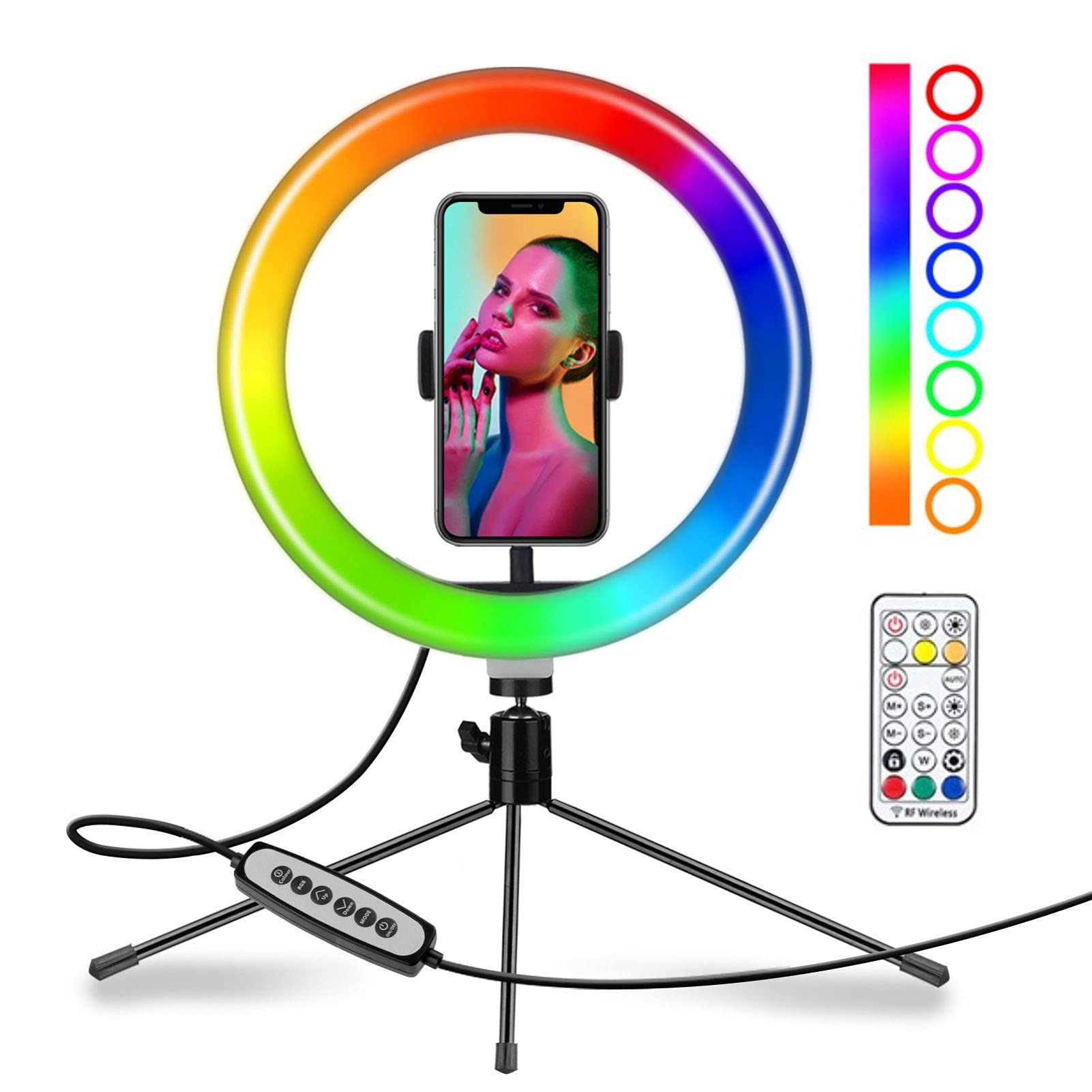 Anello luminoso RGB da 10 pollici con treppiede e supporto per telefono, da scrivania USB RGB LED dimmerabile con telecomando per trucco/YouTube/TIKTok/Video/streaming