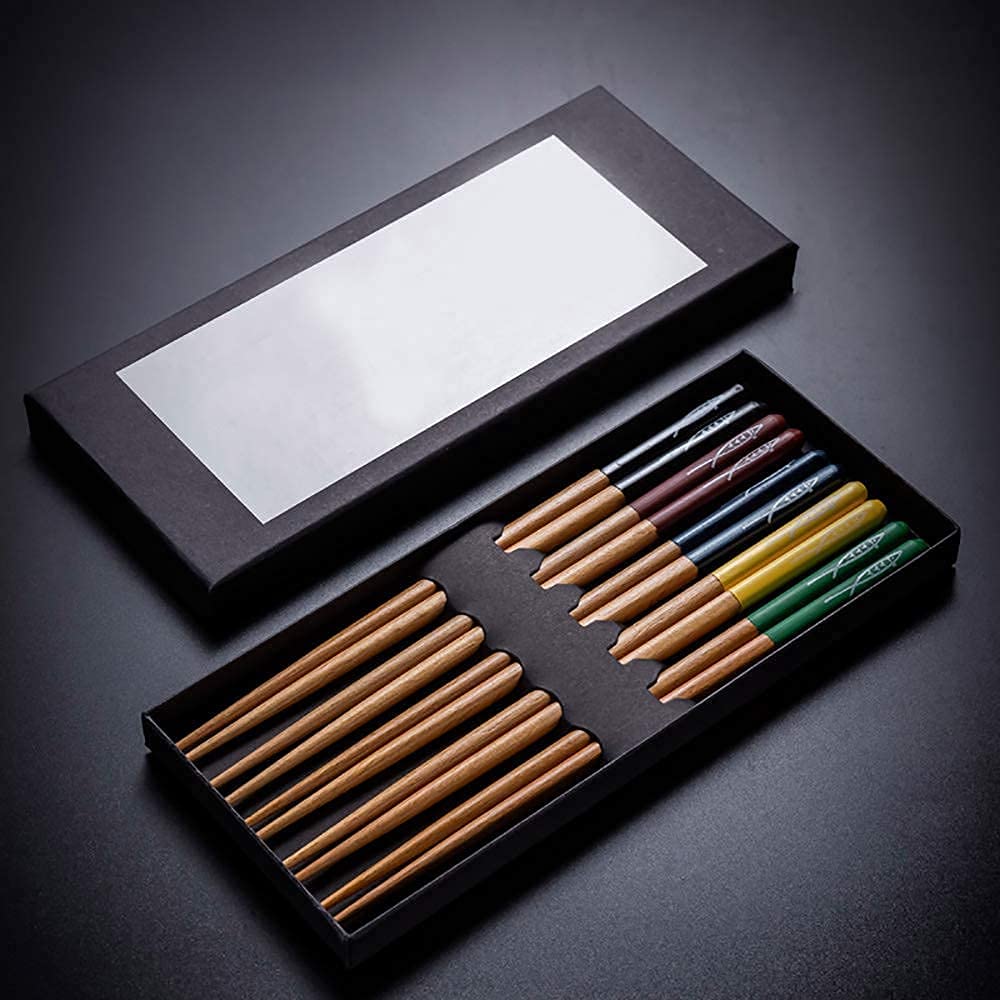 Palillos Chinos Reutilizables japoneses Palillos de Metal Juego de 5 Pares de Palillos de Sushi, Palillos Chinos de Madera Natural japoneses Reutilizables portátiles para Cocina Va