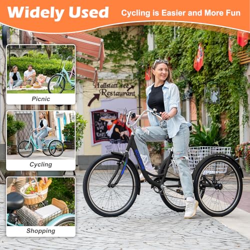 Image of Adult Tricycle, 7 Speed Adult Trike, 20 /24 /26 inch 3 Wheel Bike with Basket | Low Step-Through Frame, Wide Seat with Backrest, 350 lbs Capacity, Tricycle for Adults, Seniors, Women and Men