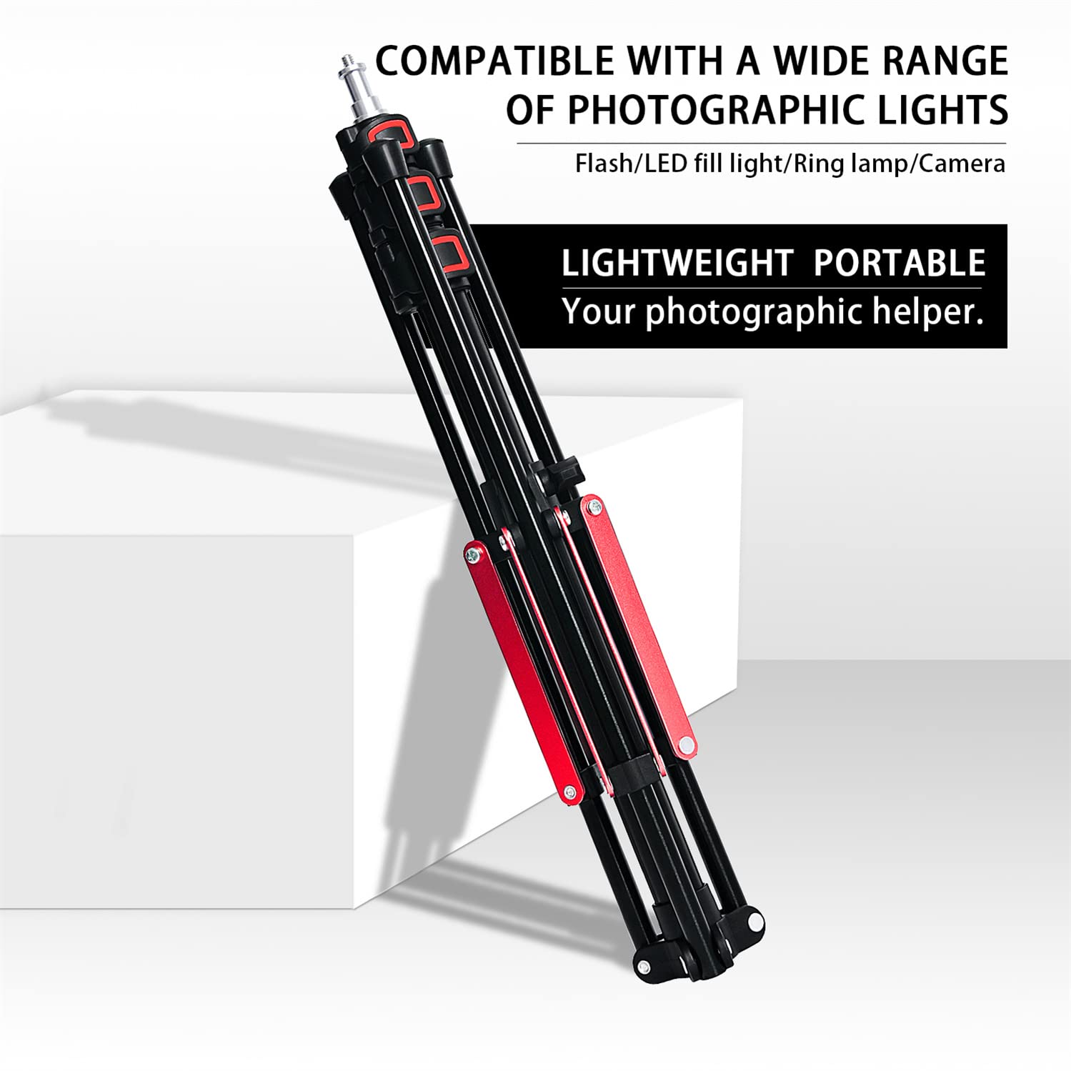 FOSOTO Trípode de luz plegable, altura máx. 192 cm, soporte compacto y ligero, de aluminio, con tornillo de rosca de 1/4", trípode de luz estable, soporta 4 kg, luz de anillo, reflector