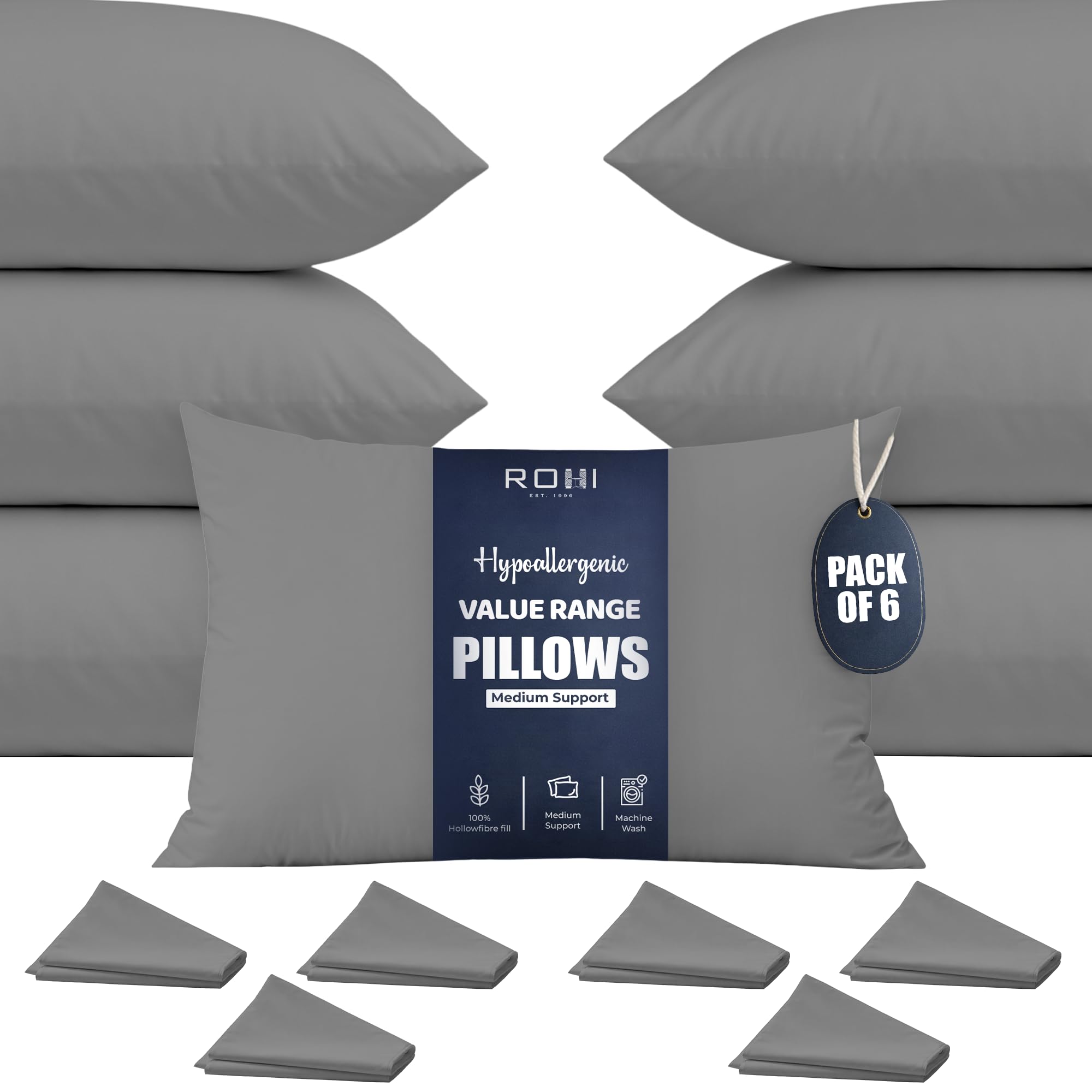 Rohi Value Range Pillows 6 Pack with Grey Microfibre Pillowcases | Neck Support Hypoallergenic Pillow | Breathable Medium Firm Pillows for Back, Front & Side Sleepers | UK Made 45 × 66 cm