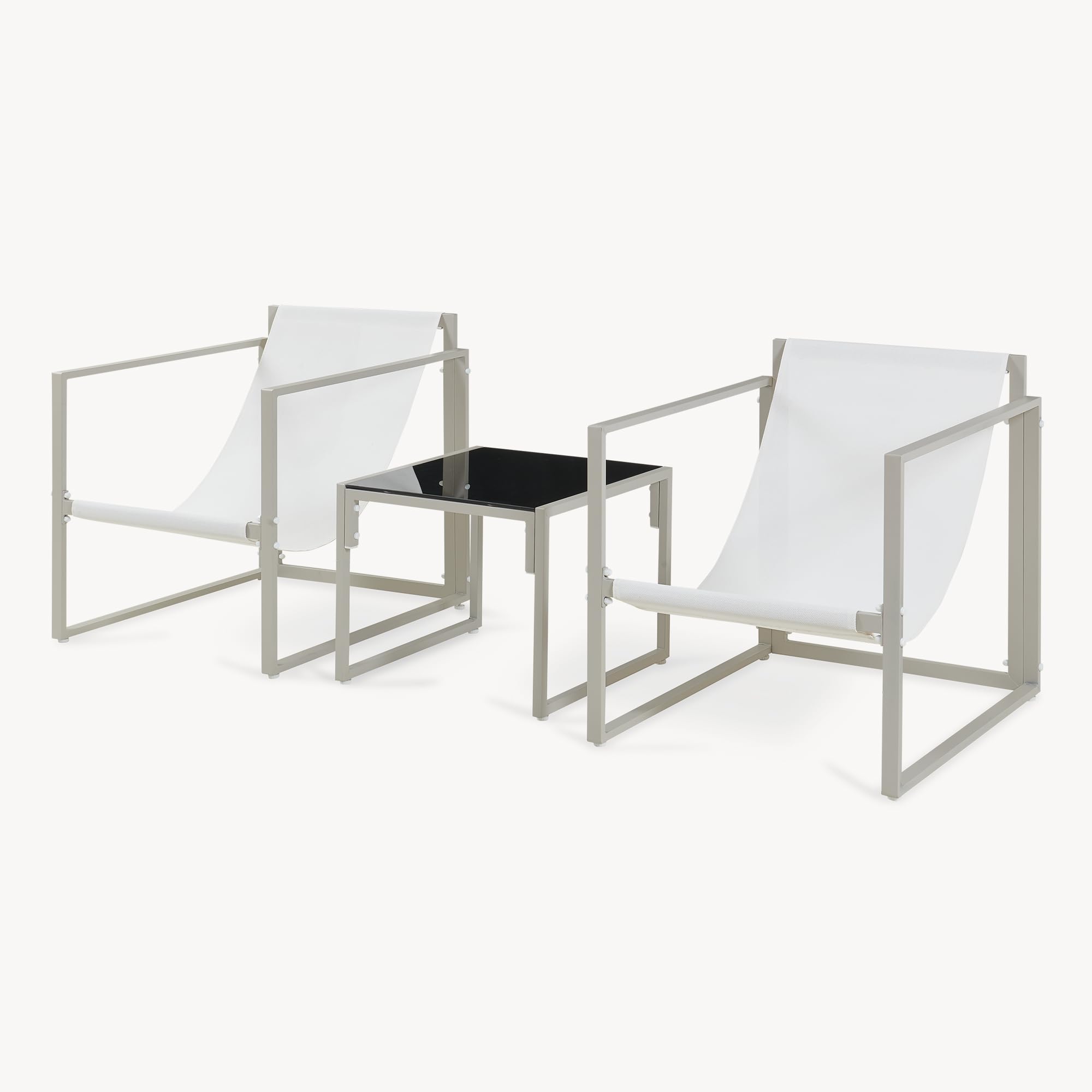 casa.pro Gartenmöbel Set Karg Balkonmöbel 3-teilig Garnitur Outdoor Lounge Tisch mit 2 x Sessel wetterfest Couchtisch mit Glasplatte Gartenstühle Metall Beige