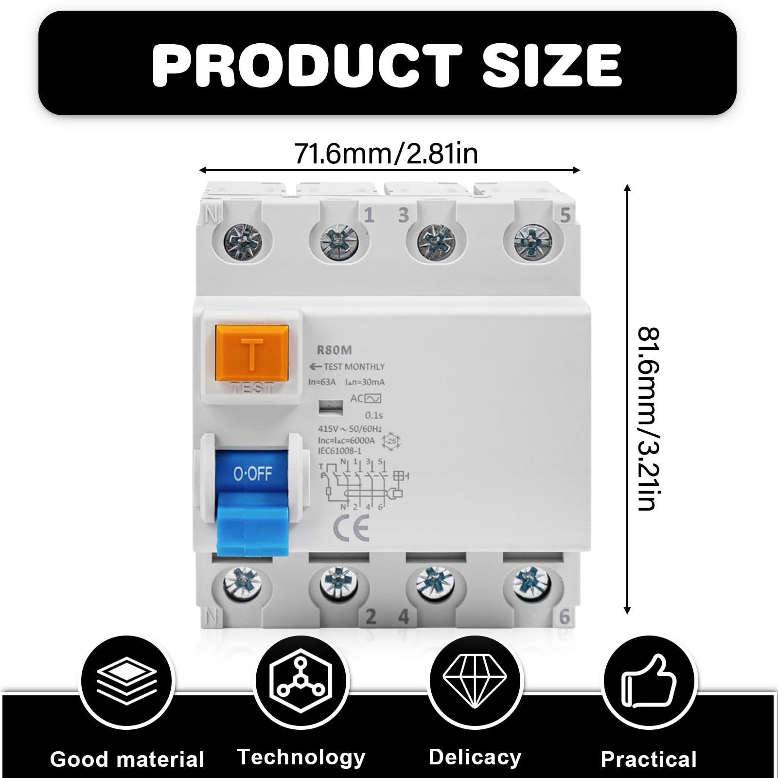 FI Schutzschalter 40A 30mA 4 Polig AC, Fehlerstromschutzschalter RCCB 400V, Allstromsensitiver Leitungsschutzschalter für Wallbox, Ladestation, Hausinstallation 4P 40A 0.03A