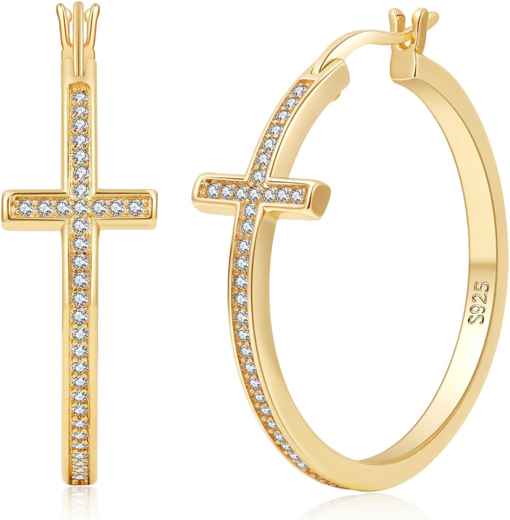 LOUMILEO Sterling Silver Cross Hoop Earrings for Women Hypoallergenic 14K Gold Plated Rhinestone Hoop Earrings for Momen Lightweight Silver Cross Earrings with Cubic Zirconia Jewelry Gifts 20/30/40MM