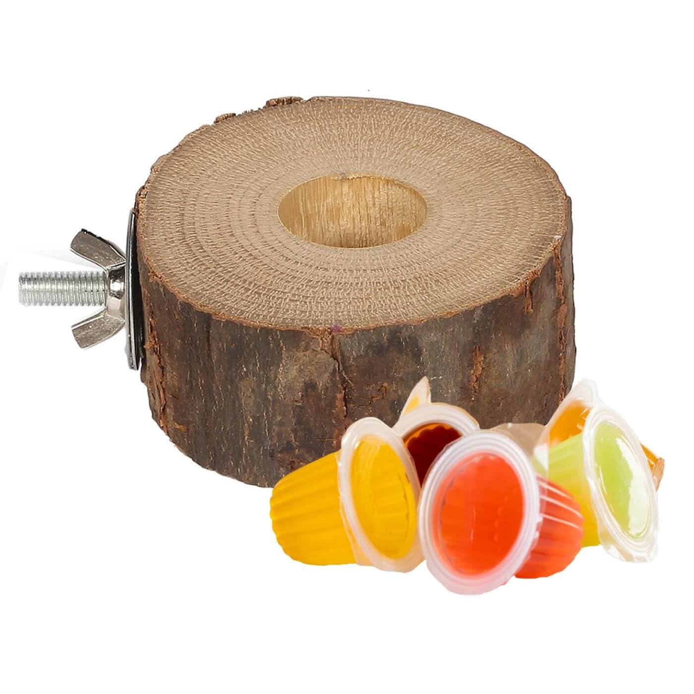 Parrot Fruit Jelly Cups with Wooden Bird Treats Holder - 6 Pack Assorted Jelly Pots Flavours - Parrot Treat & Foraging Toy