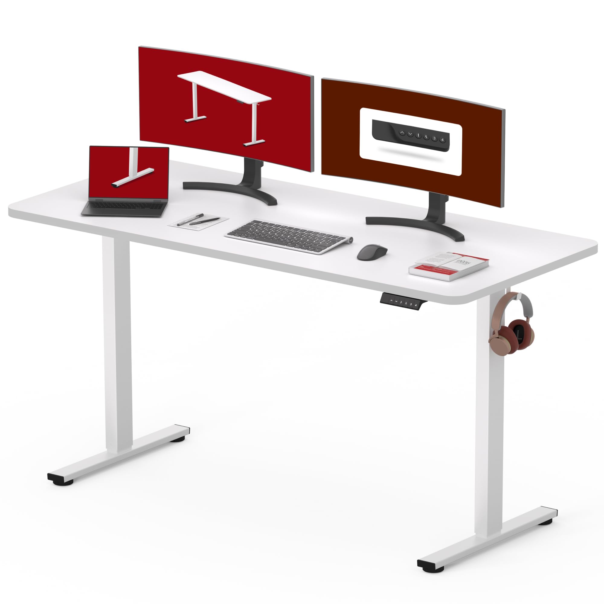 SANODESK Electric Standing Desk 55 x 28 Inches Whole-Piece Desktop Height Adjustable Stand Up Desk w/6-Button Controller Ergonomic Computer Desk for Home Office, White Frame + White Tabletop