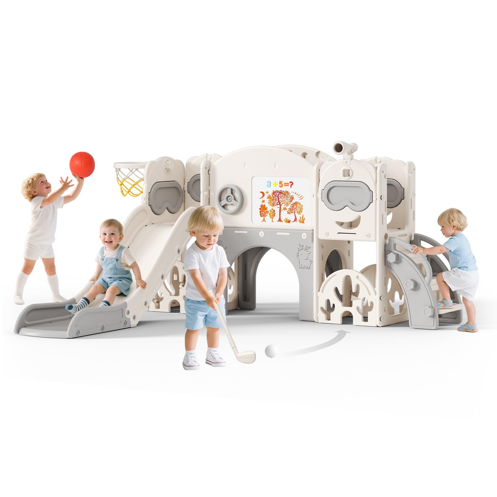 Scivolo per bambini 11 in 1, scivolo per bambini da interno ed esterno con canestro da grande con cestino da basket, telaio da arrampicata per giardino, spazio di archiviazione