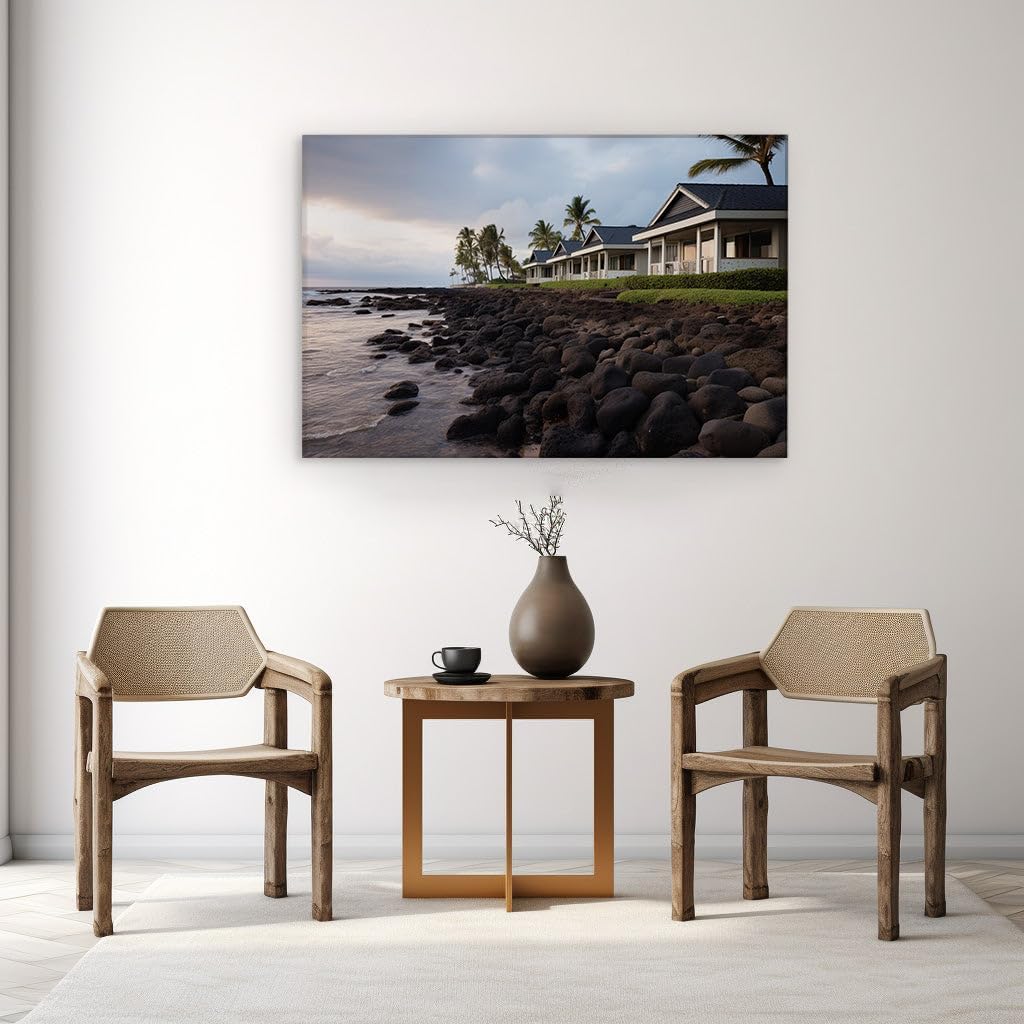 Canvas for Living room. Seaside Serenity Elevated Living Amidst Golden Skies and Gentle Waves, 27 x 18 inch Canvas Wall Art - Ready to Hang - 69x46 cm (27x18 inch)