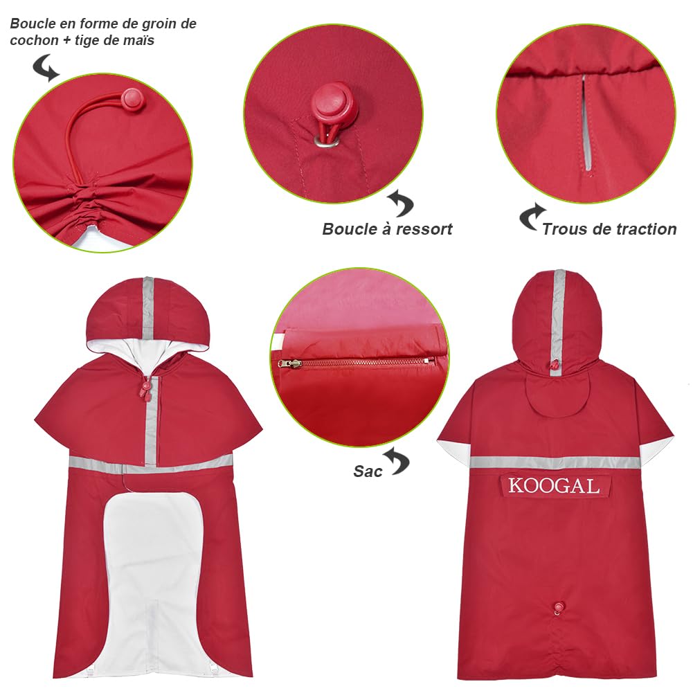 Imperméables pour Chiens avec Capuchon Impermeable Chien, Manteau Chien Imperméable, ultraléger et aéré avec Bandes réfléchissantes pour Chiens Moyens à Grands (Rouge, 4XL)