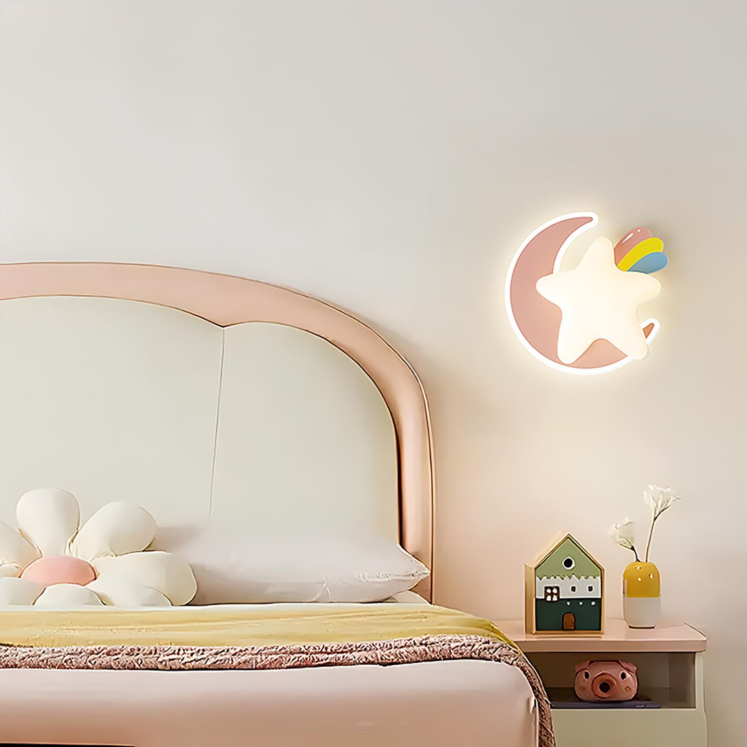 Dziecięca lampa ścienna z wtyczką, gwiazda, księżyc, lampa ścienna z przełącznikiem, ściemniana, lampa dziecięca, lampka nocna do pokoju dziecięcego, sypialni, salonu (różowa)