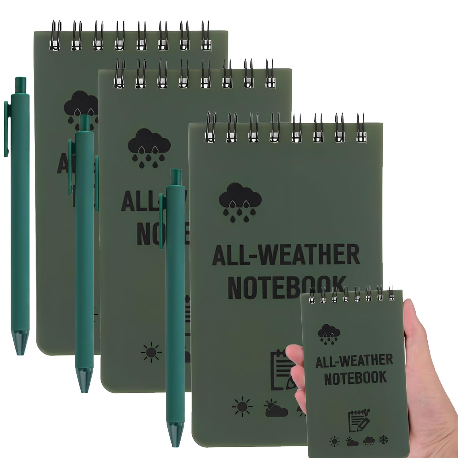 BYYDANFC 3pcs Waterproof Notebook, And 3 Pens Waterproof Notepad 3 x 5 Inches Army Green Pocket Reusable Notepad Used For Outdoor Activity Recording
