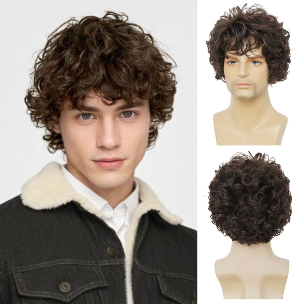 Tseses Mens Brown Short Curly Wig Synthetic Heat Resistant Hair Wigs for Male Cosplay Halloween Daily Guy