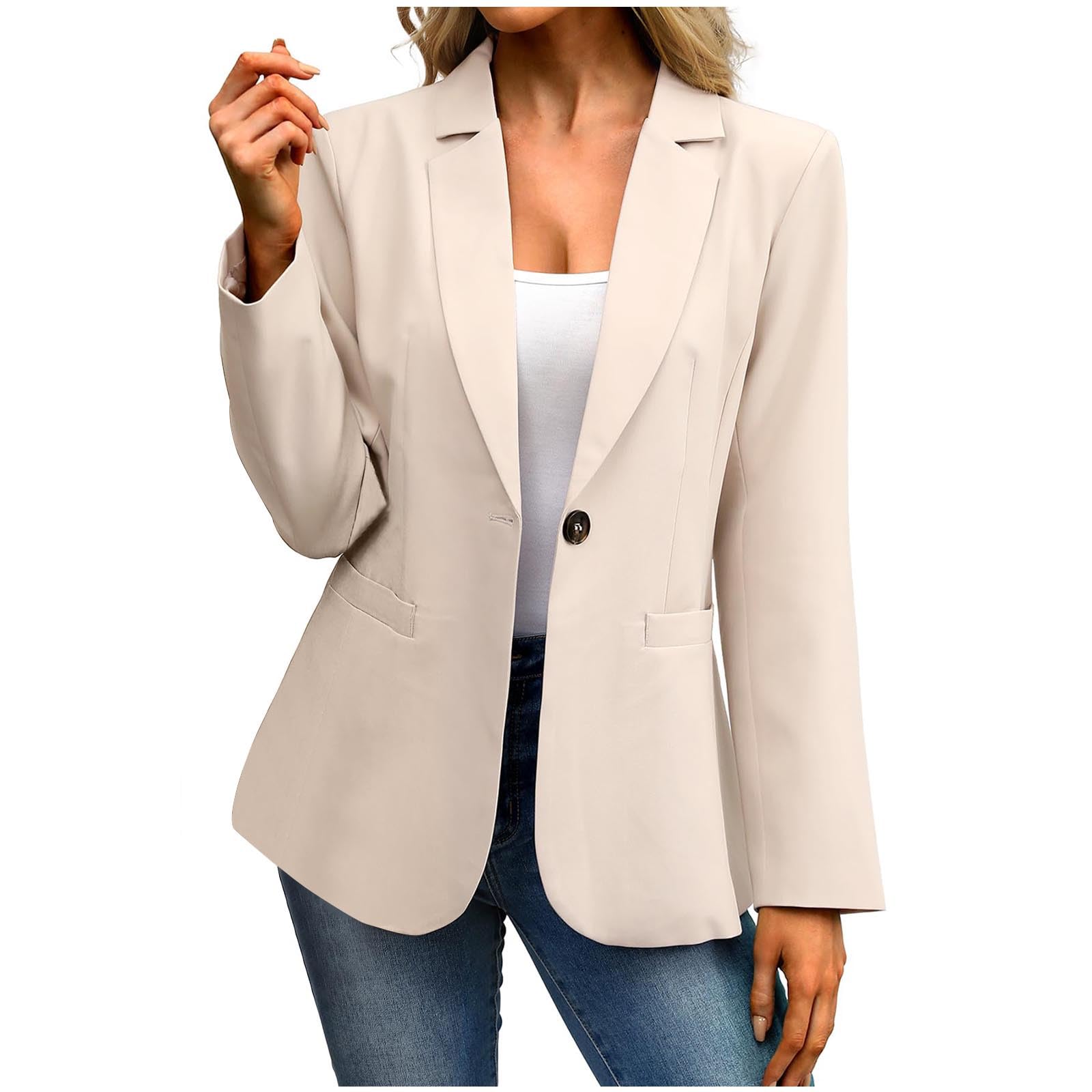 Womens Notched Lapel Pockets Button Work Office Blazer Jacket Suit Pockets One Button Blazers Work Office Casual S-2XL