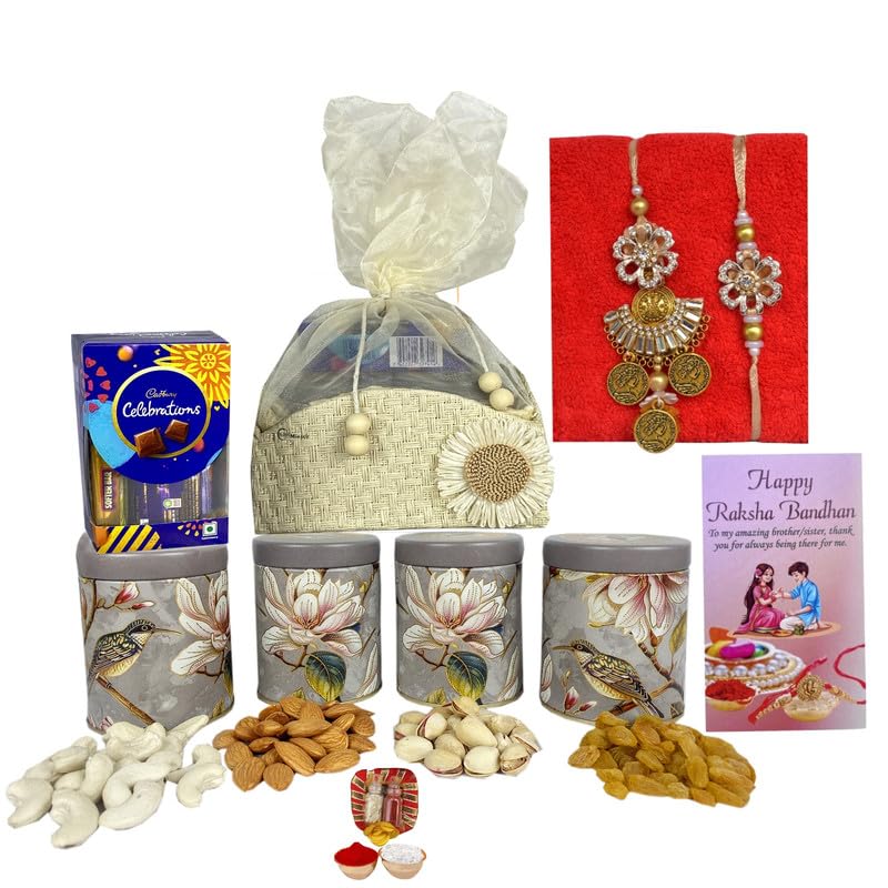 Image of NUTRI MIRACLE Rakhi Festival Box with Dry Fruits and Chocolate Delights | Engagement Ceremony Gifting Basket for Guests