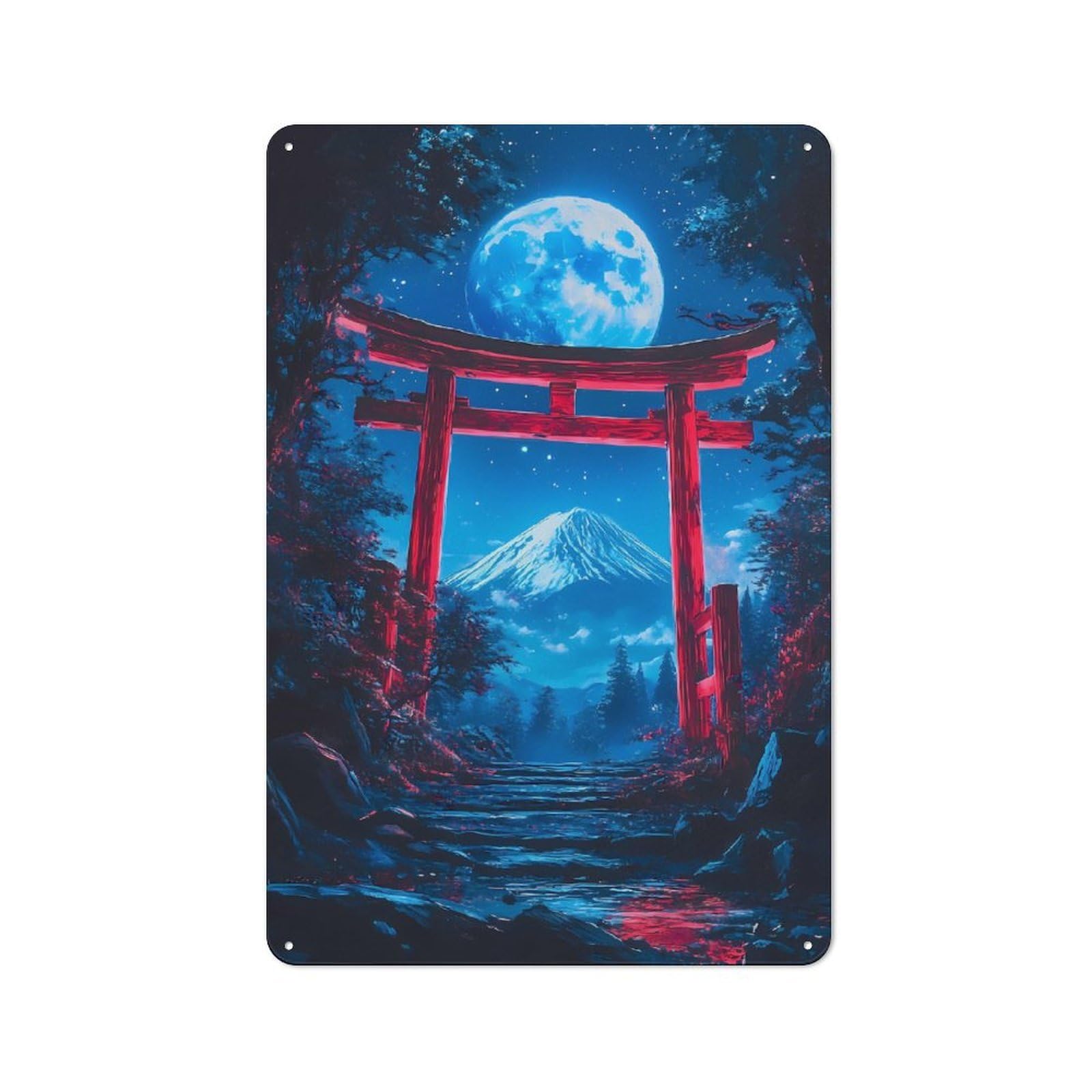 Mount Fuji Night Scene Torii Gate Office Metal Sign 30x20cm, Understated Office Wall Decor for Workspace, Cafe, Shop Or Desk Area