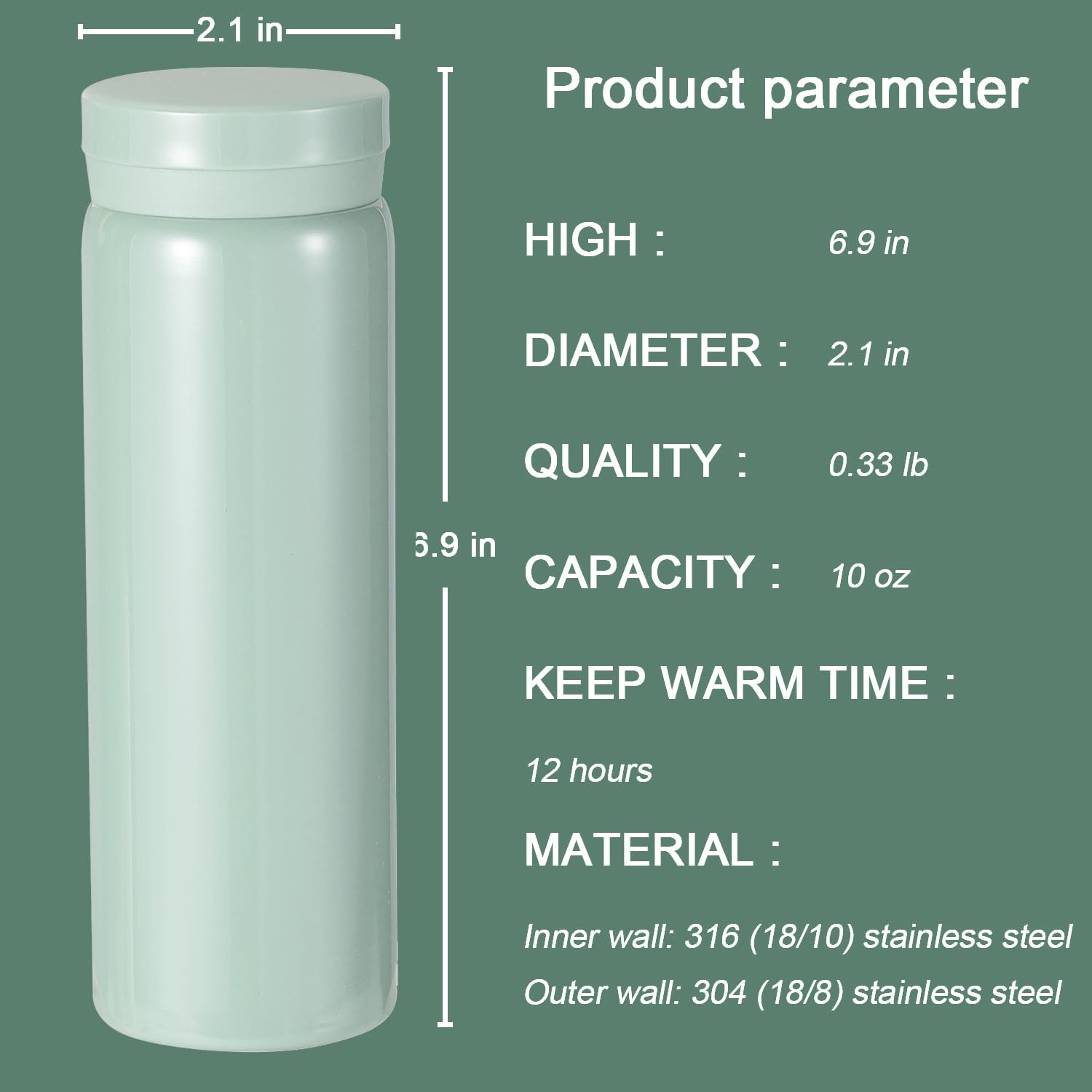 Small Flask, Cute Water Bottle, Vacuum Insulated Flask for Hot & Cold Drink, Keep 12H Hot & 6H Cold (Light Green, 280ml) - Image 2