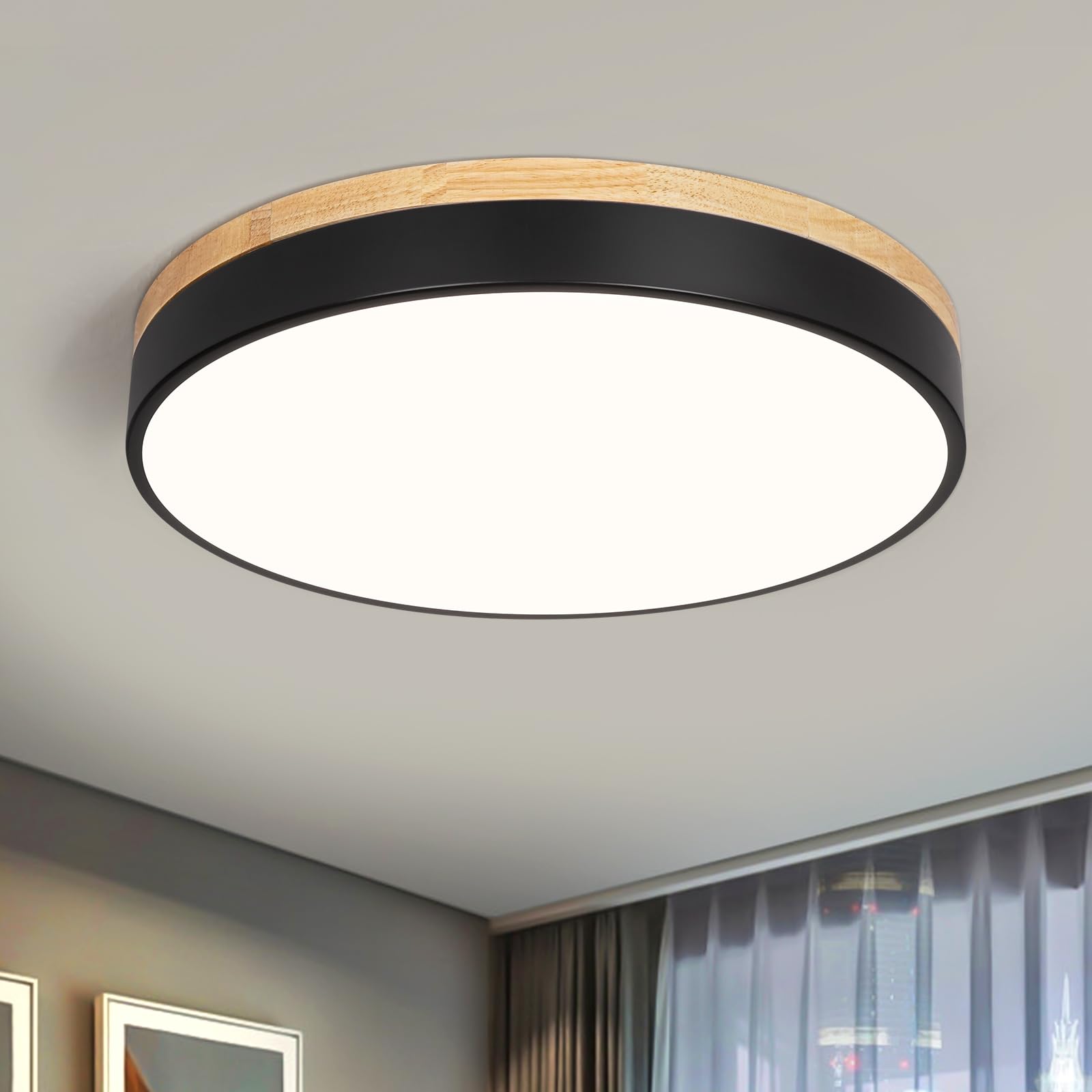 Modern LED Wood Black Round Flush Mount Ceiling Light 15.74 Inch
