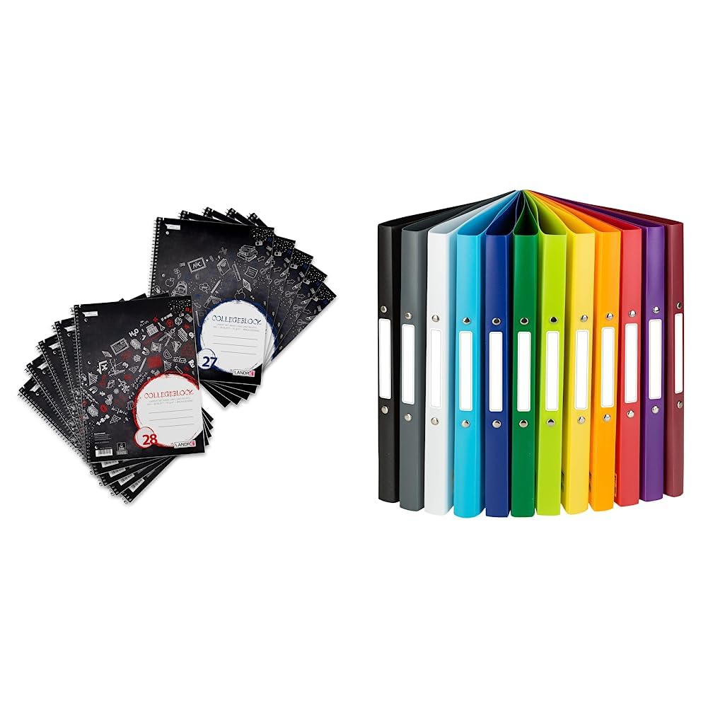 Landre Collegeblock A4, kariert und liniert, mit Rand, 80 Blatt, schwarz, 10 Stück & Idena 10426 - Ringbuch DIN A4, im 12er Set, 2-Ring-Mechanik mit 16 mm Durchmesser, 2 cm Rückenbreite