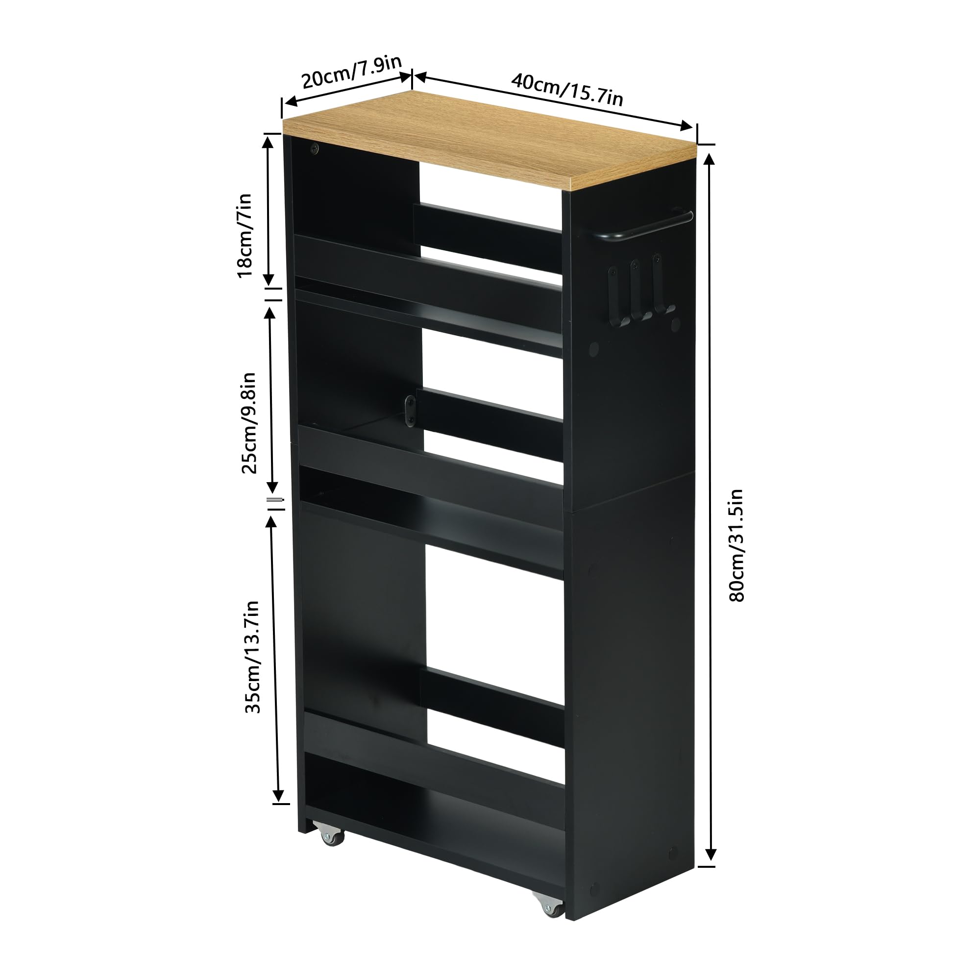 EGGREE Scaffale a nicchia sottile, con ruote, 40 x 20 x 80 cm, nero e