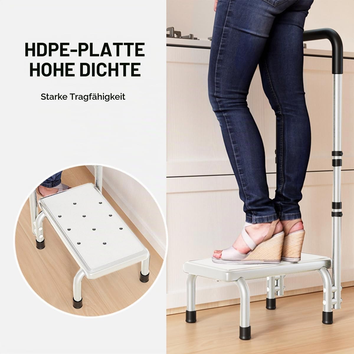 Badewannenstufe mit Haltegriff, Belastbarkeit bis 180KG | 5-Gang-Höhenverstellung, Einstiegshilfe für Senioren, Fußhocker für Bett, Küche, Badewanne