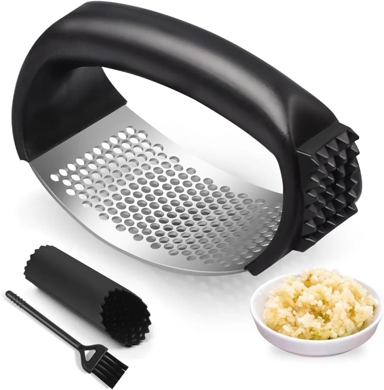 Ergonomic Stainless Steel Garlic Press Rocker - Easy-Squeeze Garlic Mincer with Peeler and Cleaning Brush(Garlic press set)
