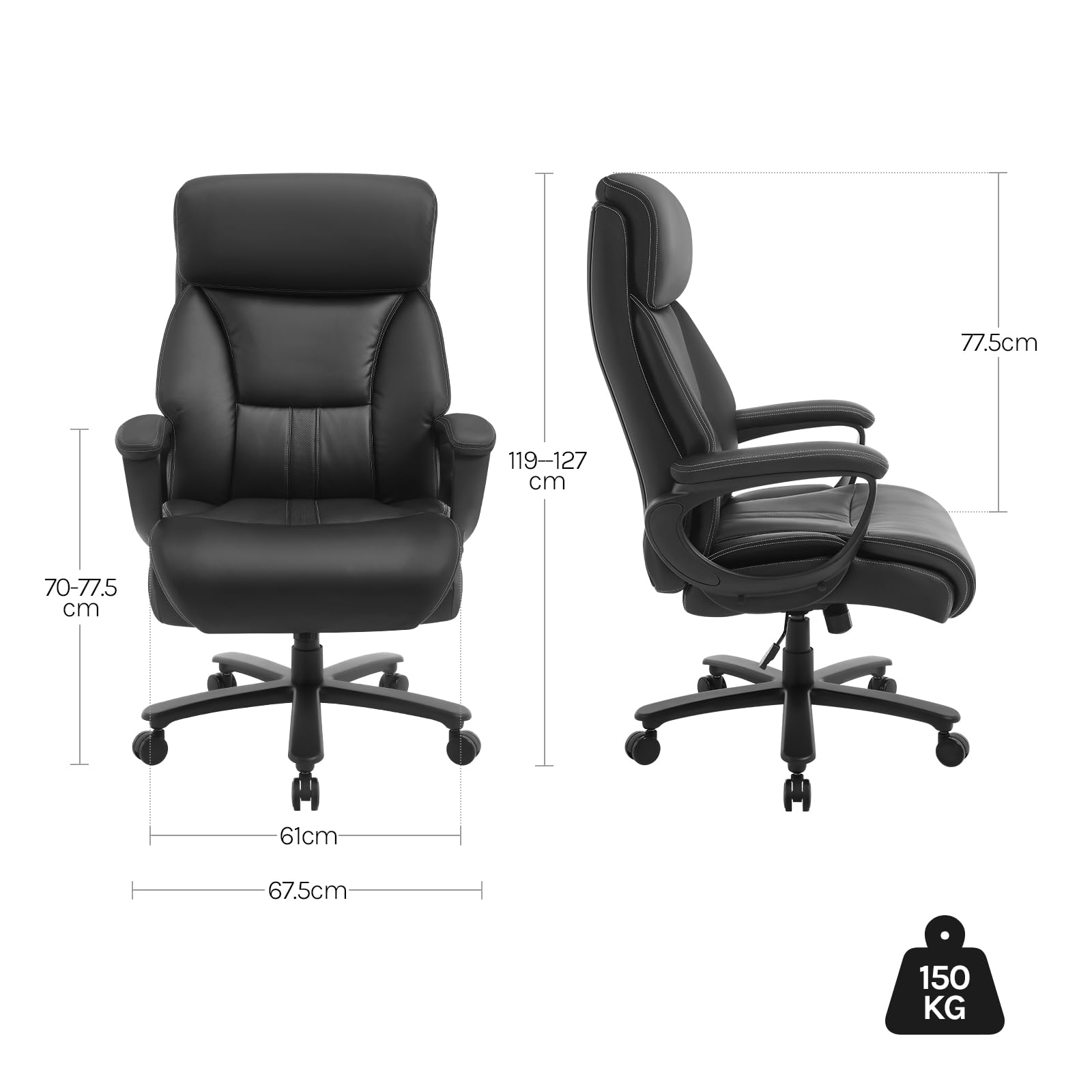 WOLTU Chefsessel 150 kg, Ergonomischer Bürostuhl, Kunstleder, Schwarz | Breite Sitzfläche, Dicker Breiter and Winkeleinstellbar, mit hochelastischem Schaumstoff, BIFMA- und SGS-zertifiziert