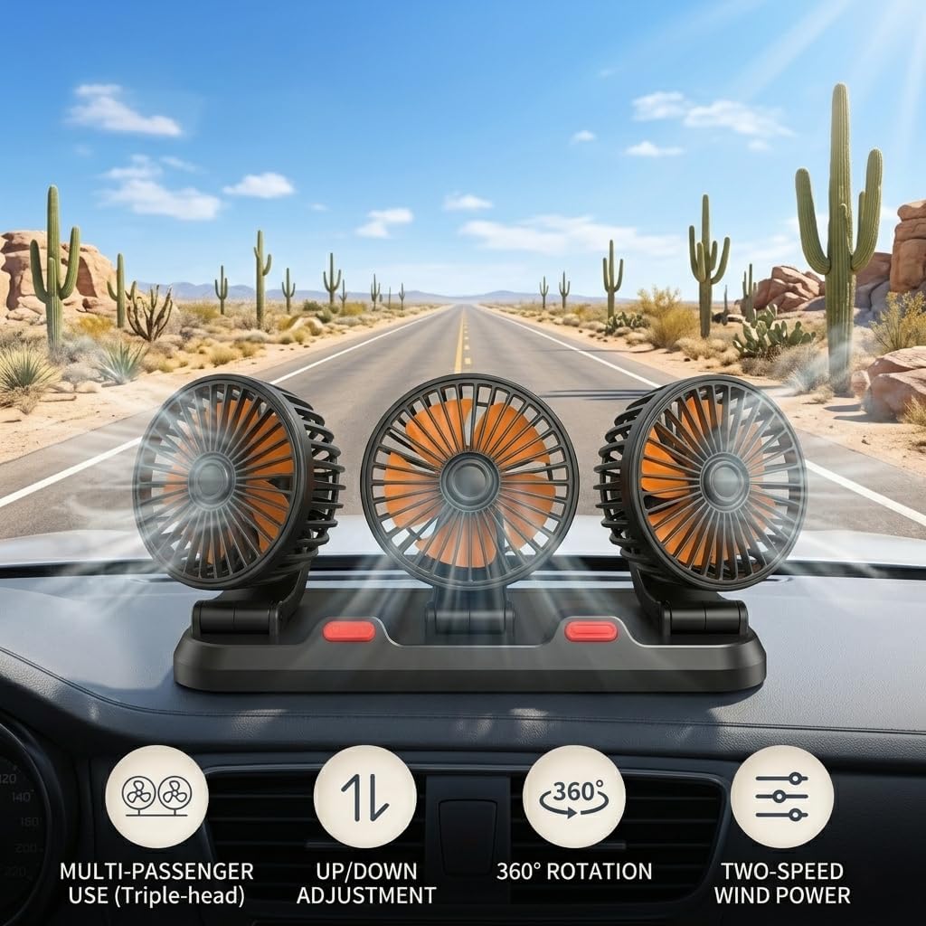 Triple-Head Fan for Car, Portable 3-Head Car Cooling Fan, 360° Rotating USB Fan with 2-Speed Adjustable, Powerful Airflow Low Noise, Silent Motor, Durable ABS, for Vehicle RV SUV Truck Sedan