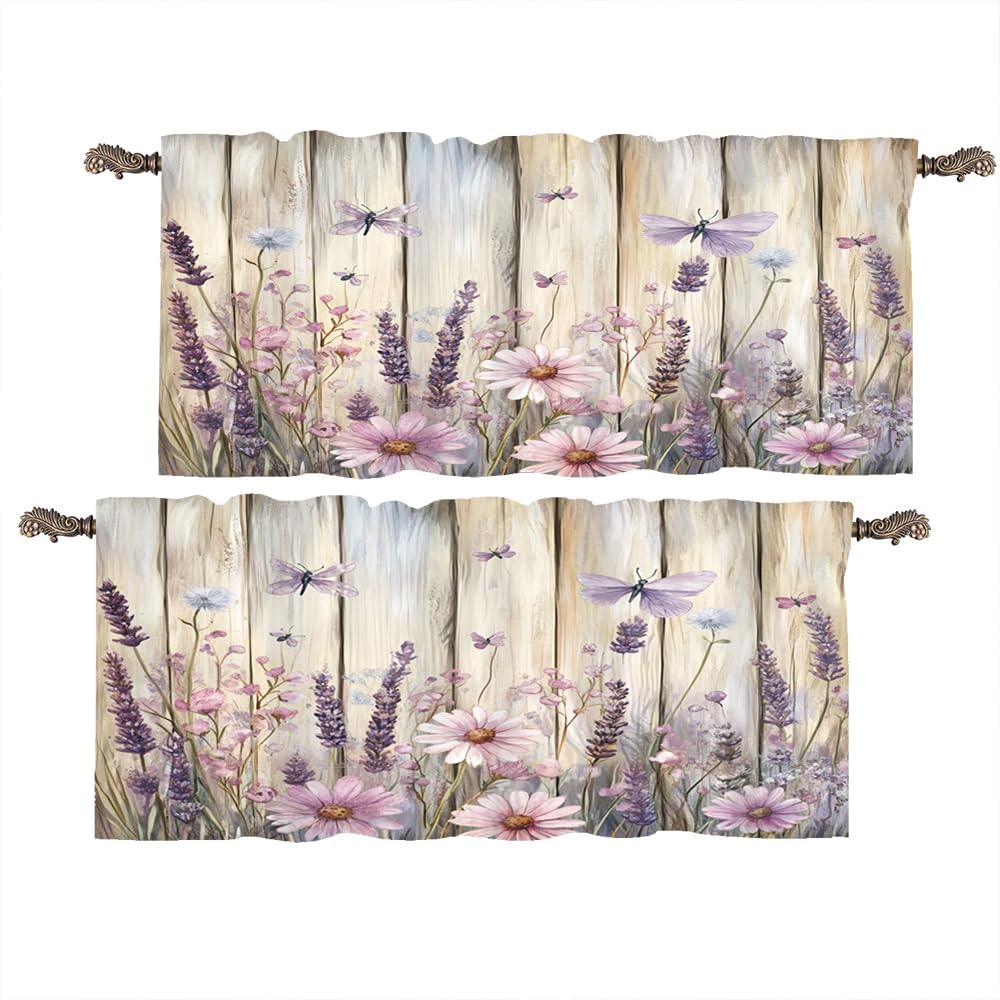 2 Panels Mystical Dragonfly Floral Valance for Windows, Retro Wooden Board Theme Rod Pocket Valance Curtains Home Decor Window Treatment for Kitchen/Living Room