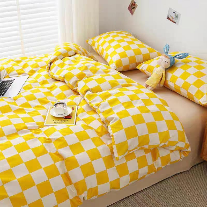 Parure De Lit 1 Personne Microfibre - Drap Housse 90x190 (bonnet 30) + Taie 65x65 - Motif Vichy Jaune