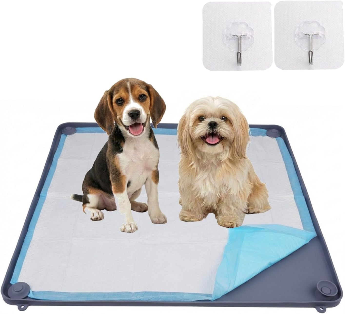 2-in-1 Silicone Dog Pee Pad Holder Tray (24" x 35", Deep Gray) - Non-Slip Potty Training Tray with Raised Edges & Corner Snaps - Wall-Mountable Indoor Dog Toilet & Splash Guard - Includes 2 Hooks