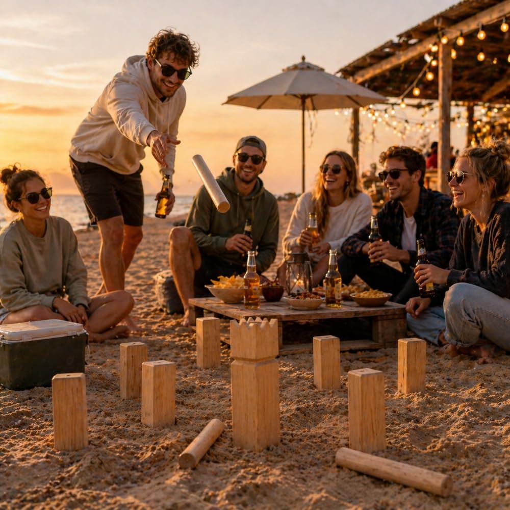 SHOP-STORY Jeu de Kubb en Bois, 21 Pièces, pour 2 à 12 Joueurs, Jeu d'Adresse d'Extérieur, avec Filet de Rangement, Dès 6 Ans