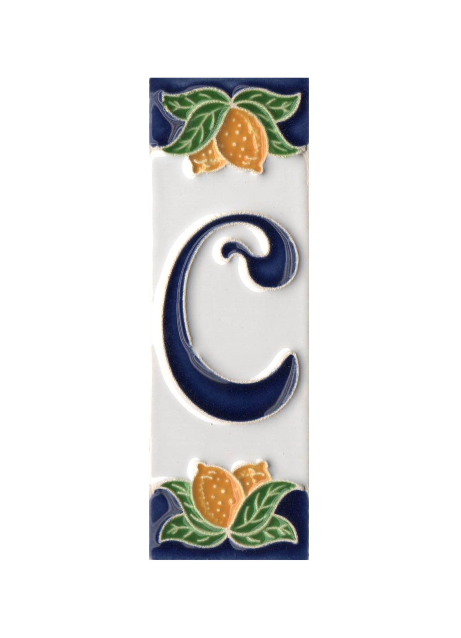 House Numbers, Italian Ceramic Numbers & Letters Tiles, Lemon Design, Tile Size: 10cm x 3.3 cm (Letter F) (Letter C tile)