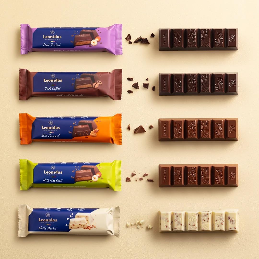 Leonidas Luxury Belgian Chocolate Bar Gift (5 × 50 g Bars) – Assorted Milk, Dark & White Chunky Bars | Praliné, Coffee, Caramel & Mocha Pearls | Premium Belgian Chocolatier Gift