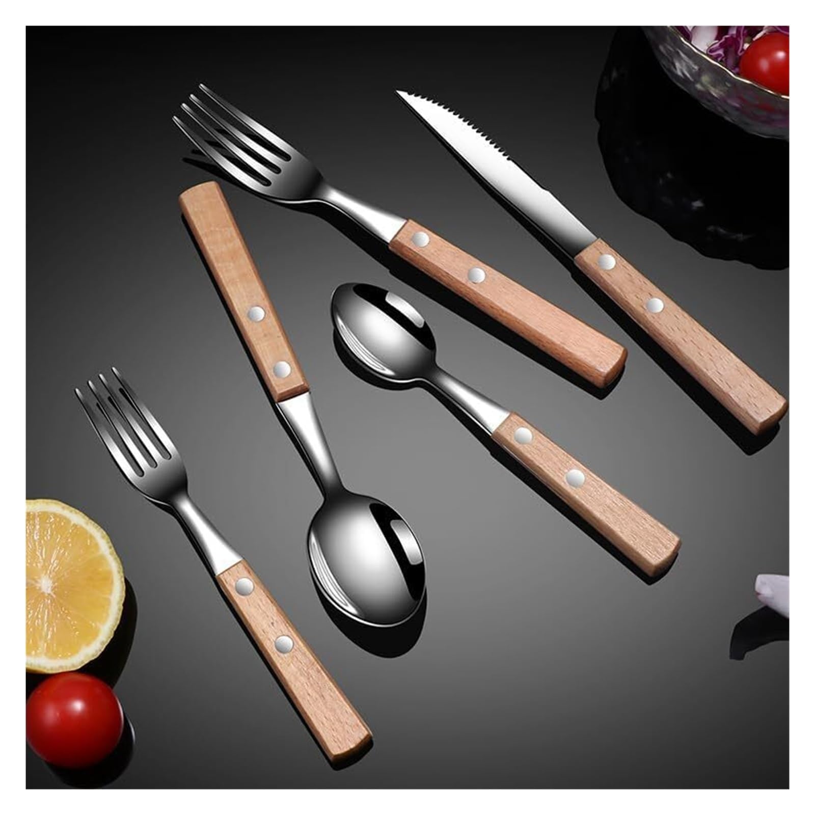 Posate in acciaio inox, set di piatti, posate in argento, 5/20/30/40 pezzi, stoviglie in acciaio inox 304 con manico in legno massello(1Set 5Pcs)