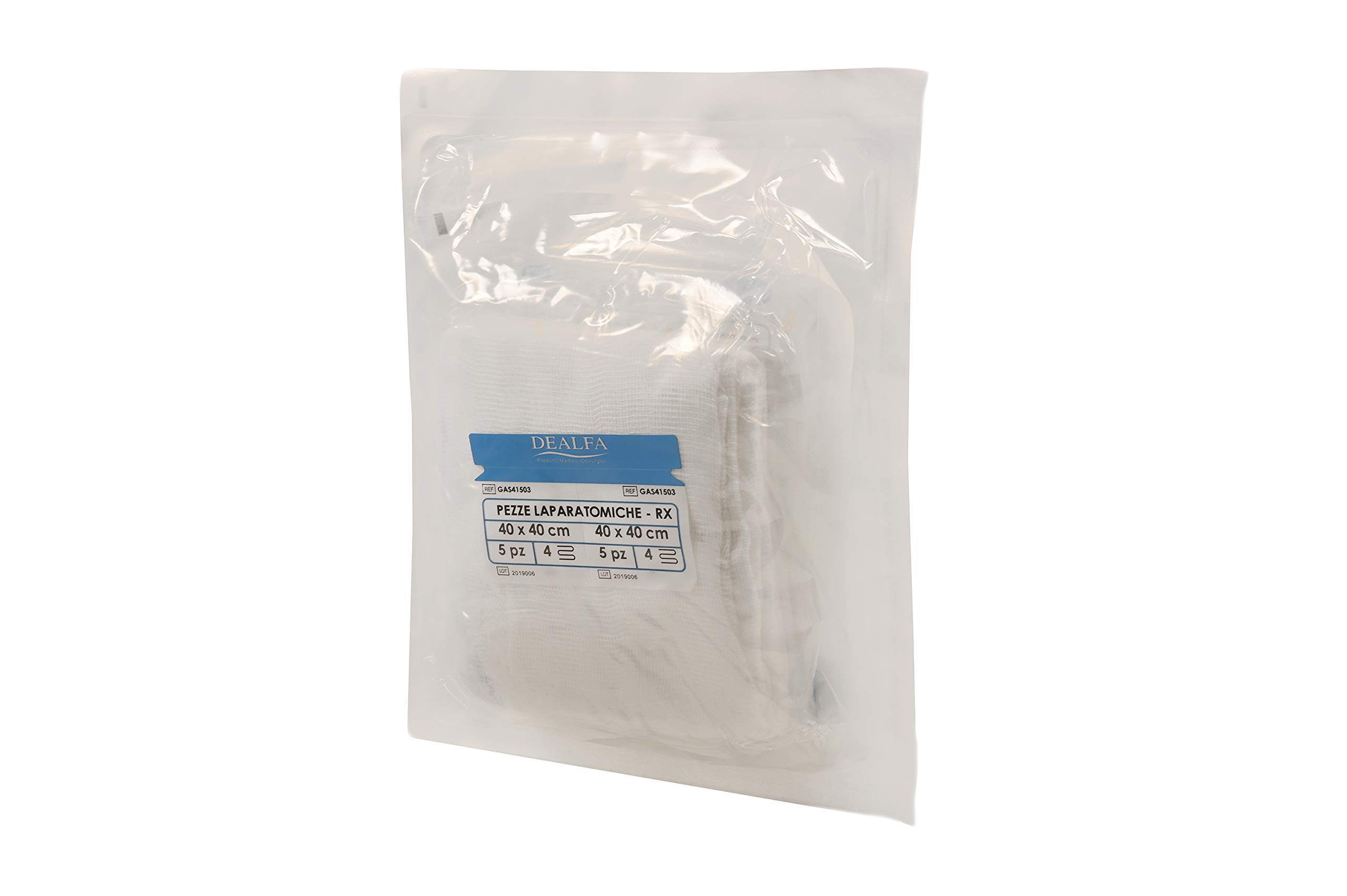 DEALFA Pezze Laparatomiche di Garza Sterili - 40x40 cm - 4 Strati con RX - Colore Bianco - Monouso - Doppia Busta Sterile da 5 Pezzi - Confezione da 5 Buste