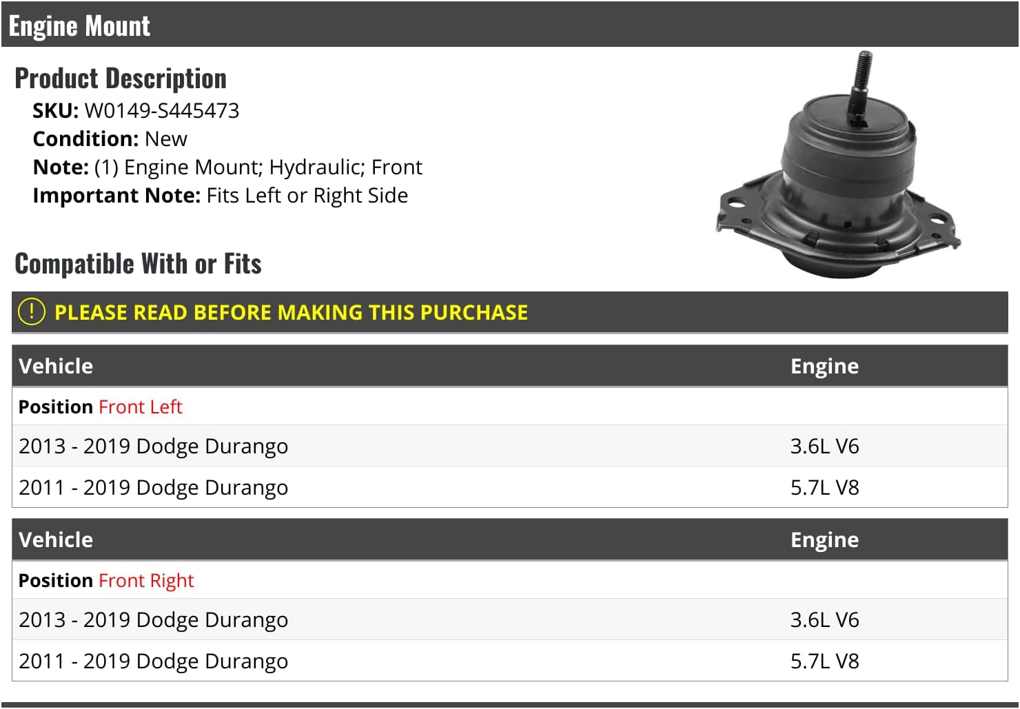 Front Engine Mount - Hydraulic - Compatible with 2011-2019 Dodge Durango