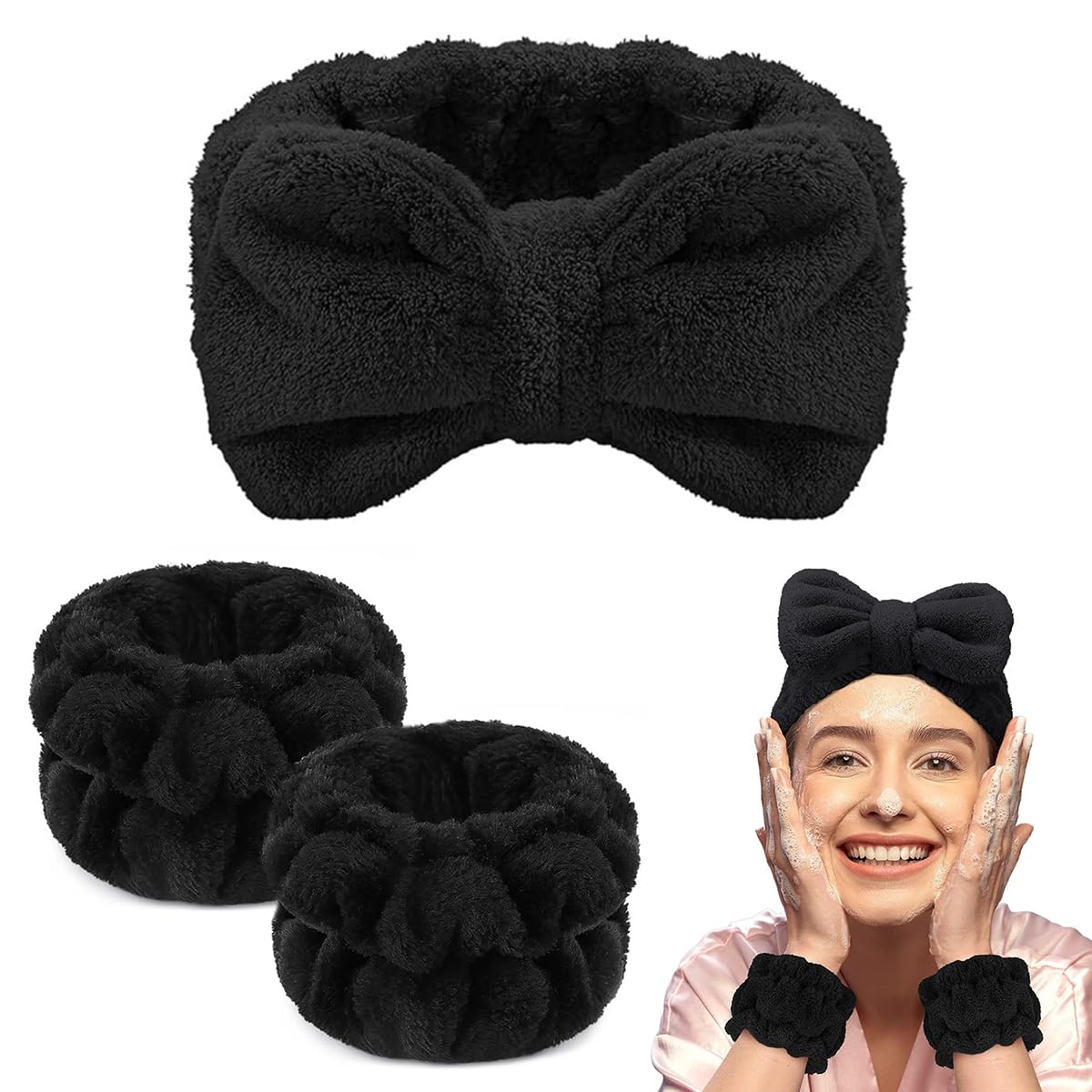 MAYCREATE® Facial Spa Headband & Wristband Combo Set, Elastic Soft Microfiber