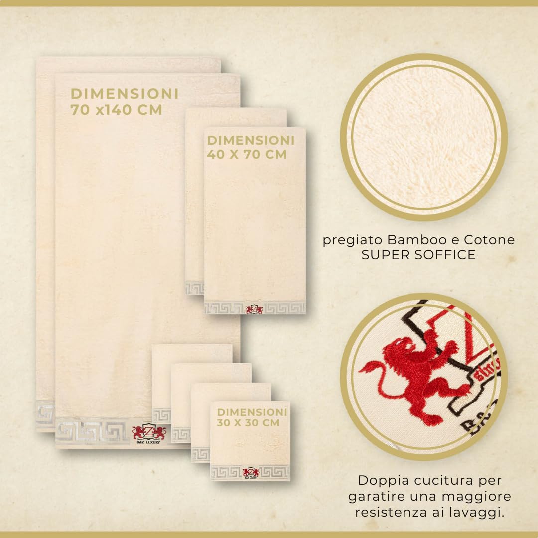 B&Z Luxury Set Asciugamani da bagno Panna 500gr pregiato BAMBOO e Cotone, 2 teli doccia 4 asciugamani viso 2 panni bidet, SUPER assorbenti SOFFICI - telo mani ospiti palestra certificati oekotex