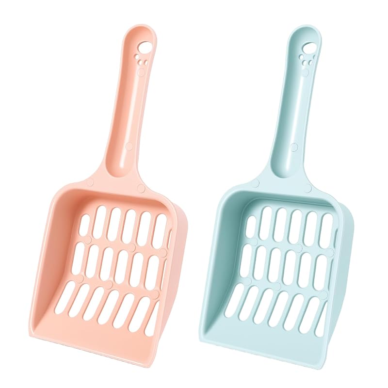 Pá para Caixa de Areia de Gatos em Plástico com Cabo Ergonômico Caiqicome, Rosa e Azul, Pacote com 2