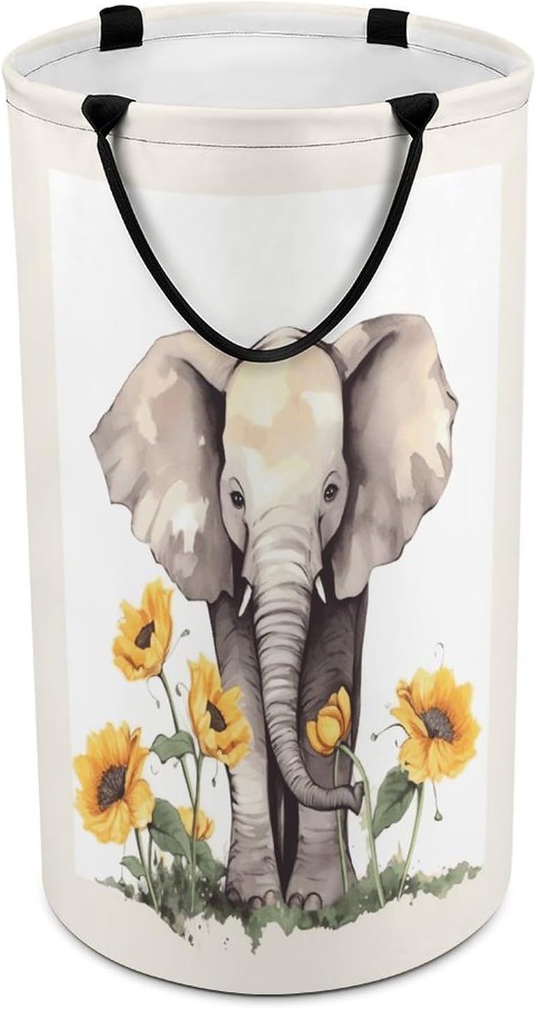 Elephant And Sunflower Laundry Hamper with Handles Waterproof Collapsible Laundry Basket Large Lightweight Round Dirty Clothes Hamper for Home Dorm Bathroom Decor