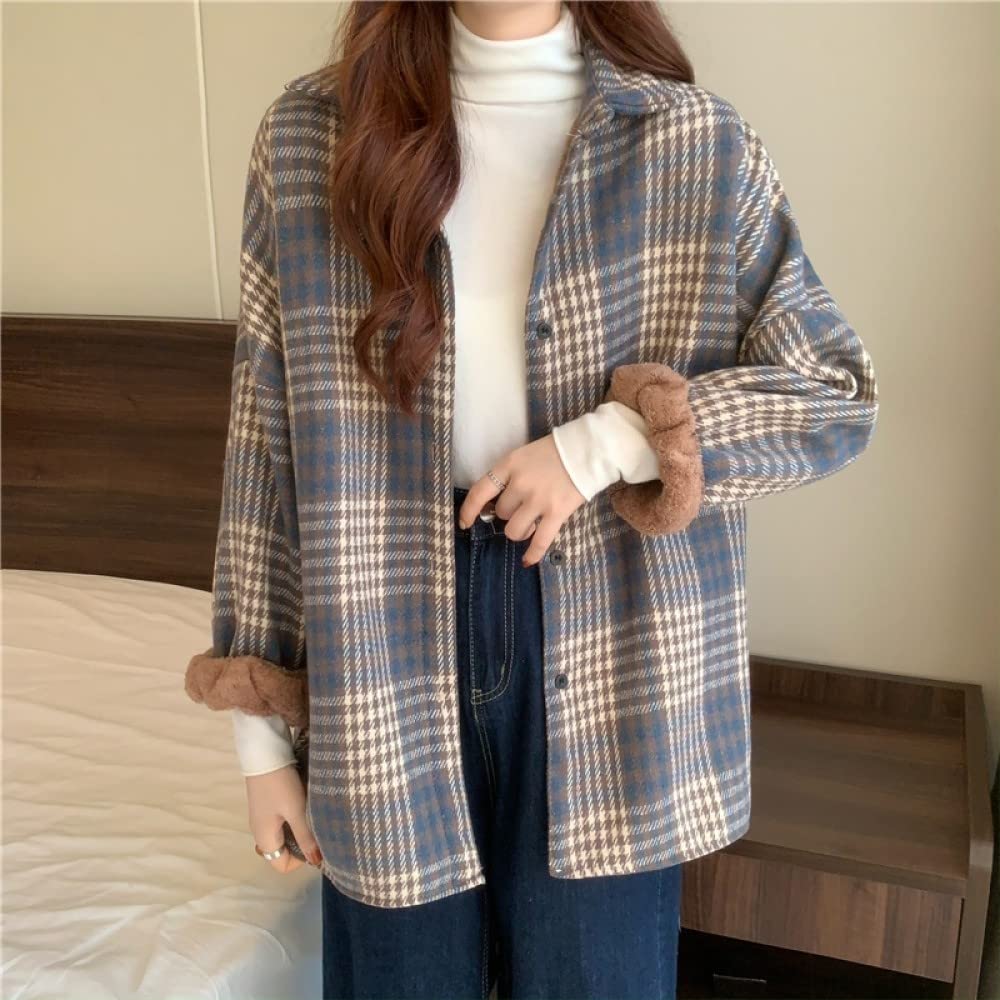 MIDJ Blusen Damen,Damenhemd Flanell Sherpa Baumwolle Blau Braun Gestreift Schlichte Karohemden Langarmhemden Schicke Hemden Dicke Leichte Jacken Holzfällerhemden