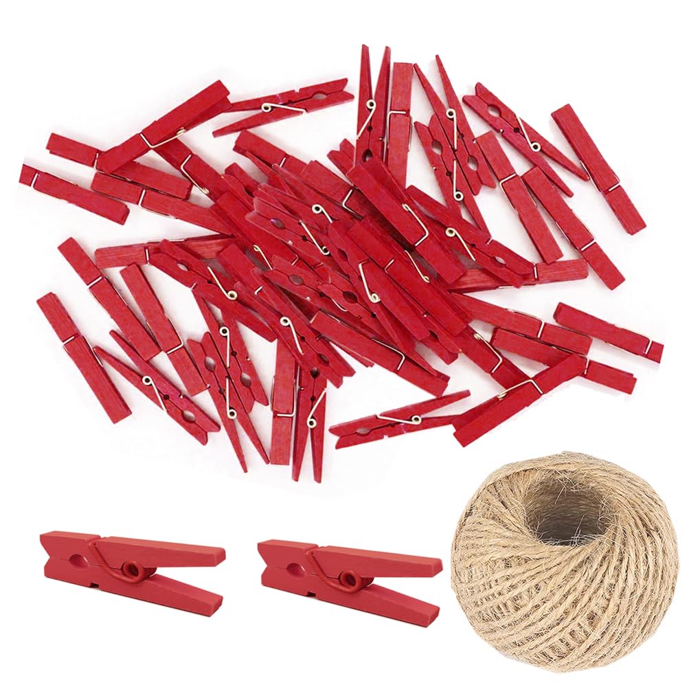 100 Pcs Mini 25mm Natural Wooden Clips Photo Clips Clothespin DIY Wedding Party Wooden Clip Clips Pegs with 98 FT Jute Twine String(Red)