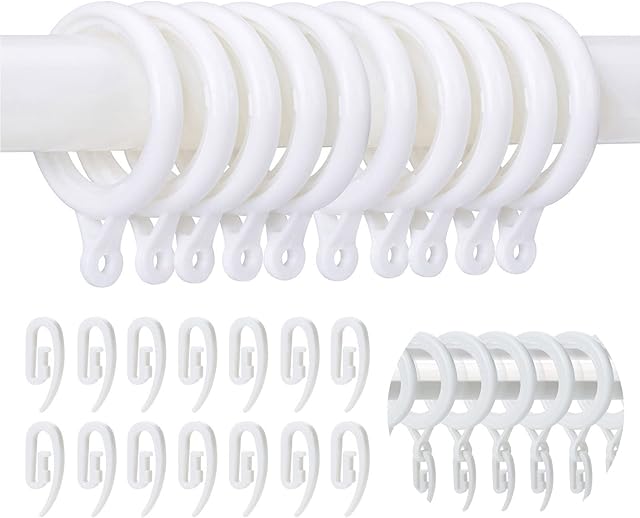 WCIC 48 Pack Curtain Rings and Hooks White 30mm Hanging Rings Hooks Plastic Curtain Rings with Hooks for Hanging Curtains