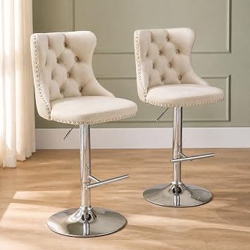 Swivel Counter Height Bar Stools Set of 2, Cream Kitchen Island Barstools, Velvet Adjustable Bar Chairs, Tufted Back, Silver Chrome Metal Base, Sillas para Barra de Cocina Beige, Velvet, 2 Pcs