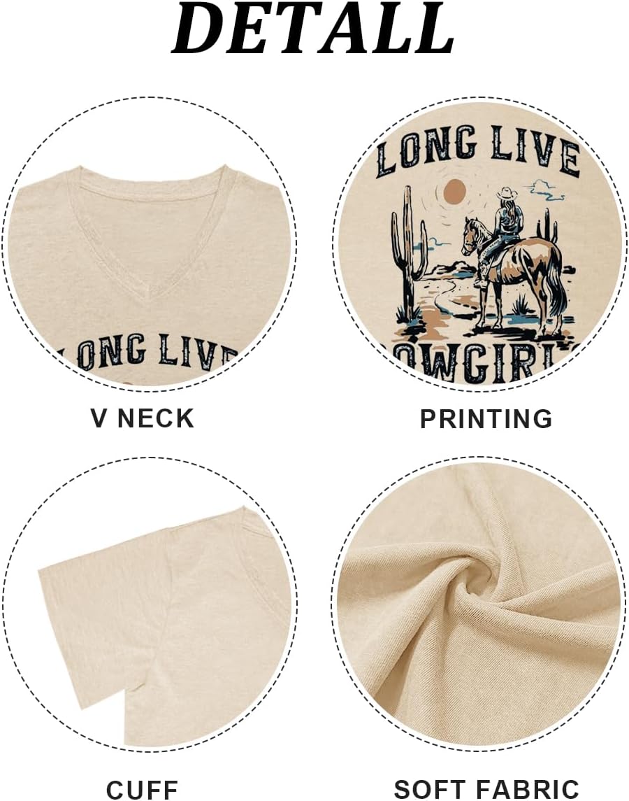 Women’s Cactus Cowgirl Shirt Western Riding Country Music V Neck T-Shirt Retro Sun Printed Short Sleeve Tees Tops - Image 5